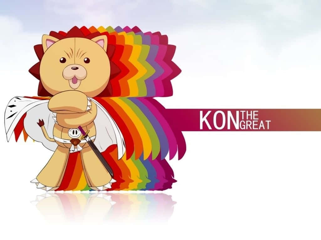 Bleach Kon 桌布 壁紙 — 一隻快樂的卡通獅子，擁有彩虹鬃毛和翅膀，驕傲地站立著，手持權杖，背景是柔和的天空。
