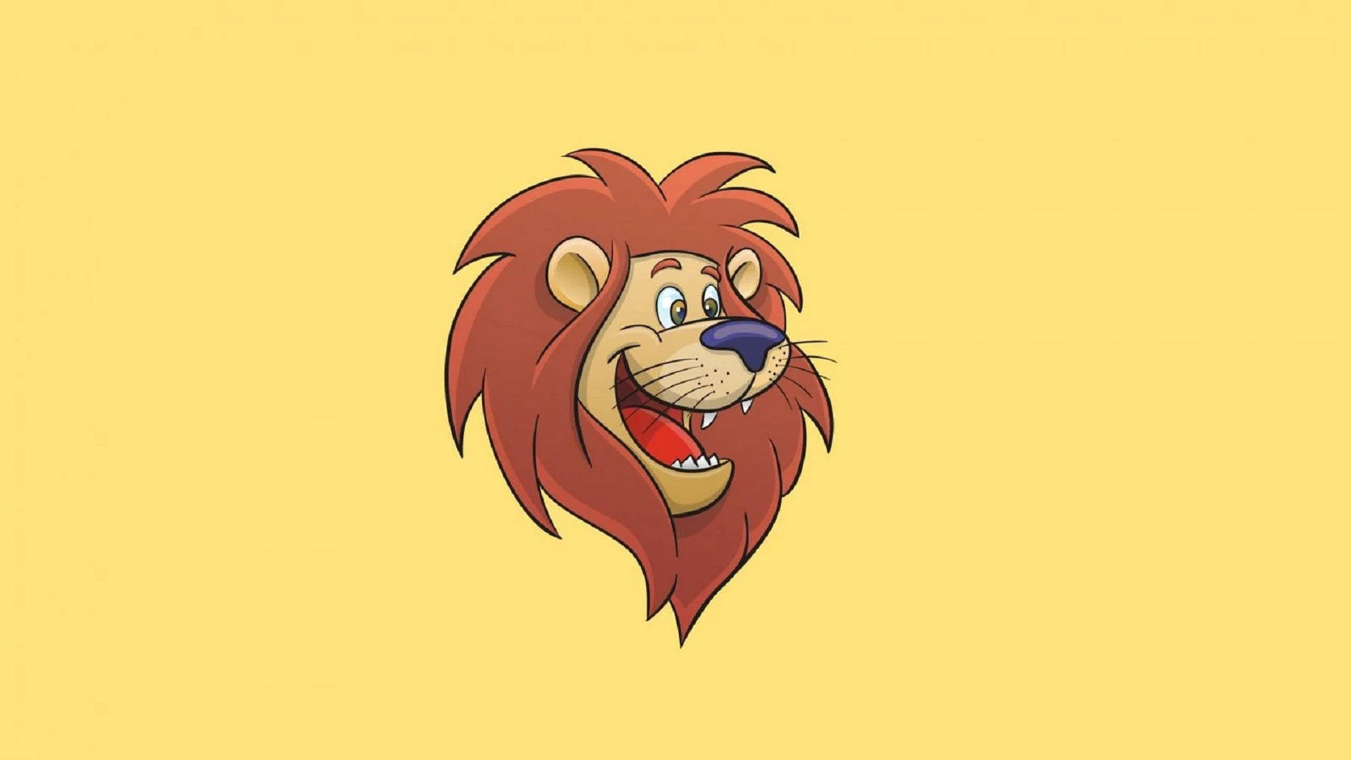 Lion Head 桌布 壁紙 — 一隻快樂的卡通獅子，有紅色鬃毛和燦爛的笑容，背景是純黃色。