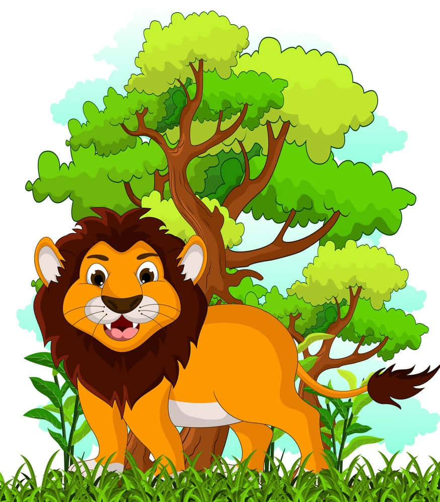 Cartoon Forest 桌布 壁紙 — 一隻快樂的卡通獅子，有著大鬃毛，自豪地站在茂密綠草中，在一棵枝葉茂盛的樹下。