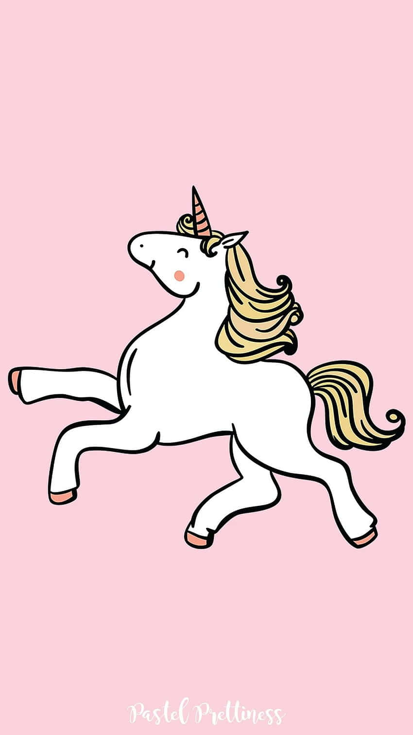 Pastel Unicorn 桌布 壁紙 — 一隻快樂的卡通獨角獸，擁有金色鬃毛和角，在柔和的粉紅色背景上歡快地奔馳。
