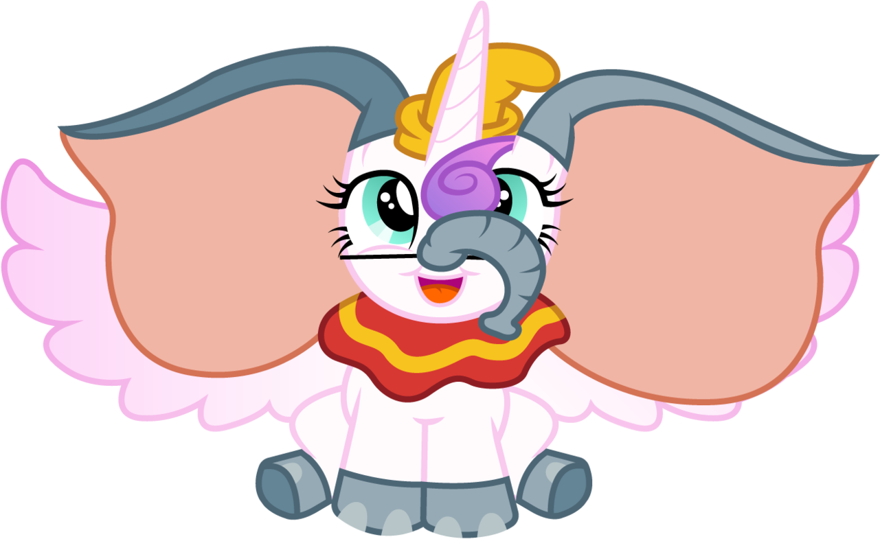 小飛象 桌布 壁紙 — 一隻快樂的卡通獨角獸大象，擁有粉紅色翅膀和紫色角，在黑色背景上燦爛微笑。