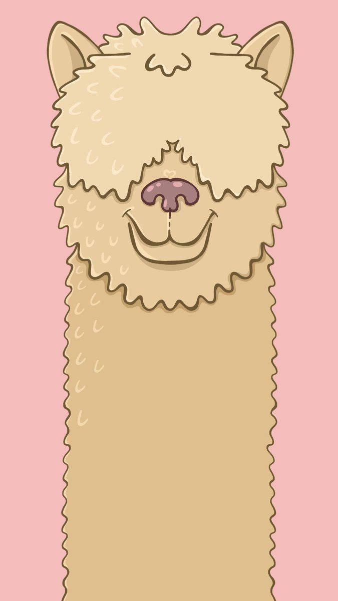 Alpaca 桌布 壁紙 — 一隻快樂的卡通羊駝，擁有蓬鬆的米色毛髮和燦爛的笑容，背景是柔和的粉紅色。