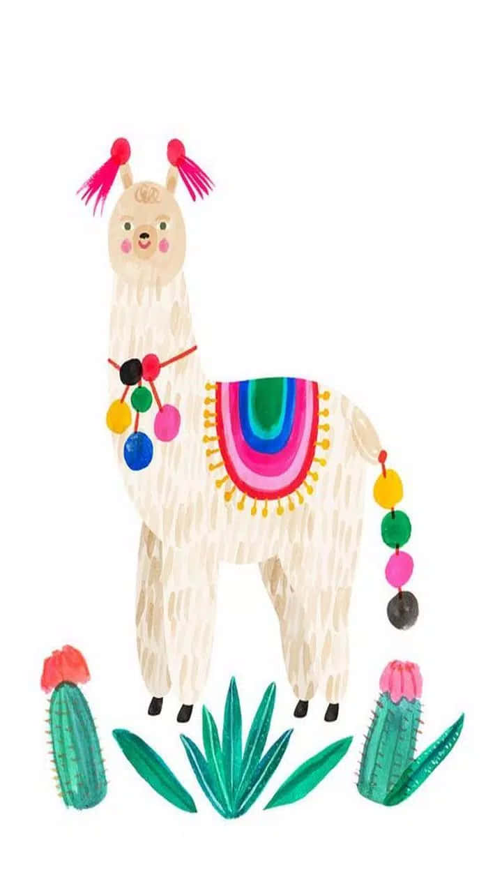 llama 桌布 壁紙 — 一隻快樂的卡通羊駝，裝飾著彩色絨球和彩虹鞍，站在綠色仙人掌和多肉植物旁邊。