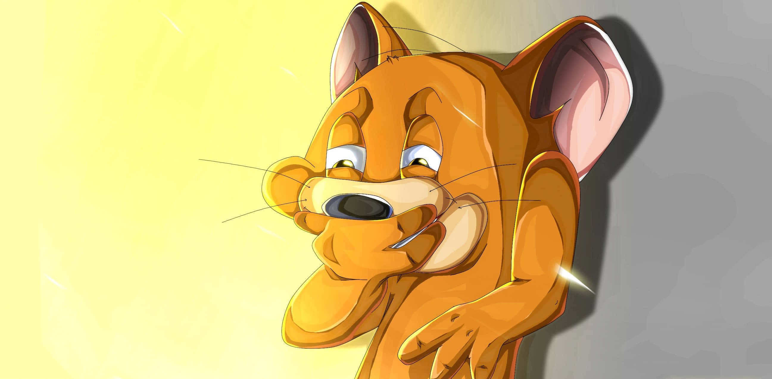 Tom And Jerry Funny 桌布 壁紙 — 一隻快樂的卡通老鼠，有大耳朵和燦爛的笑容，站在溫暖的黃色和灰色漸變背景前。