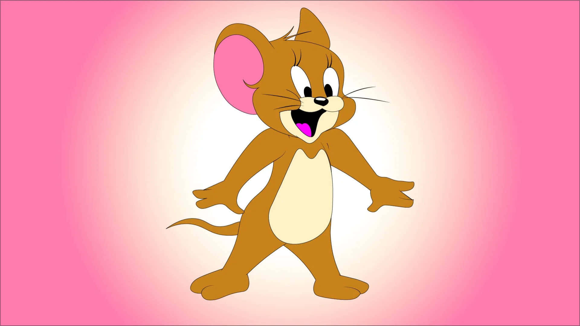 Tom And Jerry Funny 桌布 壁紙 — 一隻快樂的卡通老鼠，有粉紅色的耳朵和燦爛的笑容，站在柔和的粉紅色漸變背景前。