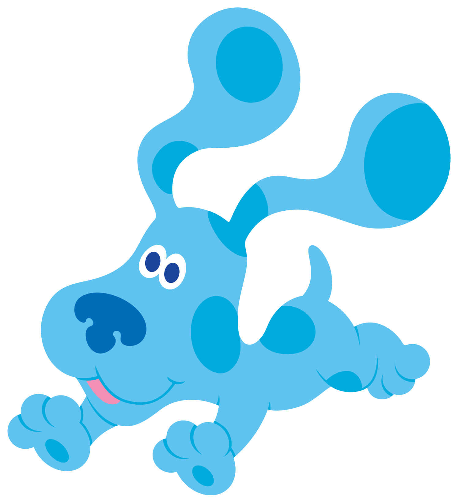 blue's clues 桌布 壁紙 — 一隻快樂的卡通藍色狗，身上有斑點和粉紅色舌頭，在白色背景上歡快地奔跑。