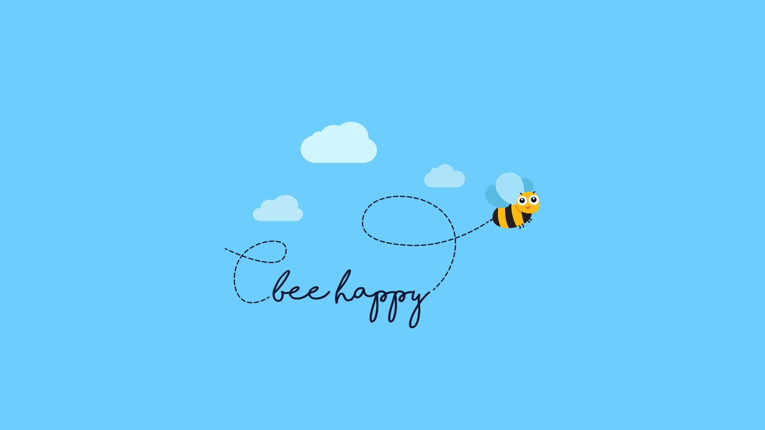 Be Happy 桌布 壁紙 — 一隻快樂的卡通蜜蜂飛過明亮的藍天，留下一條虛線，拼出「bee happy」，上方有蓬鬆的雲朵。