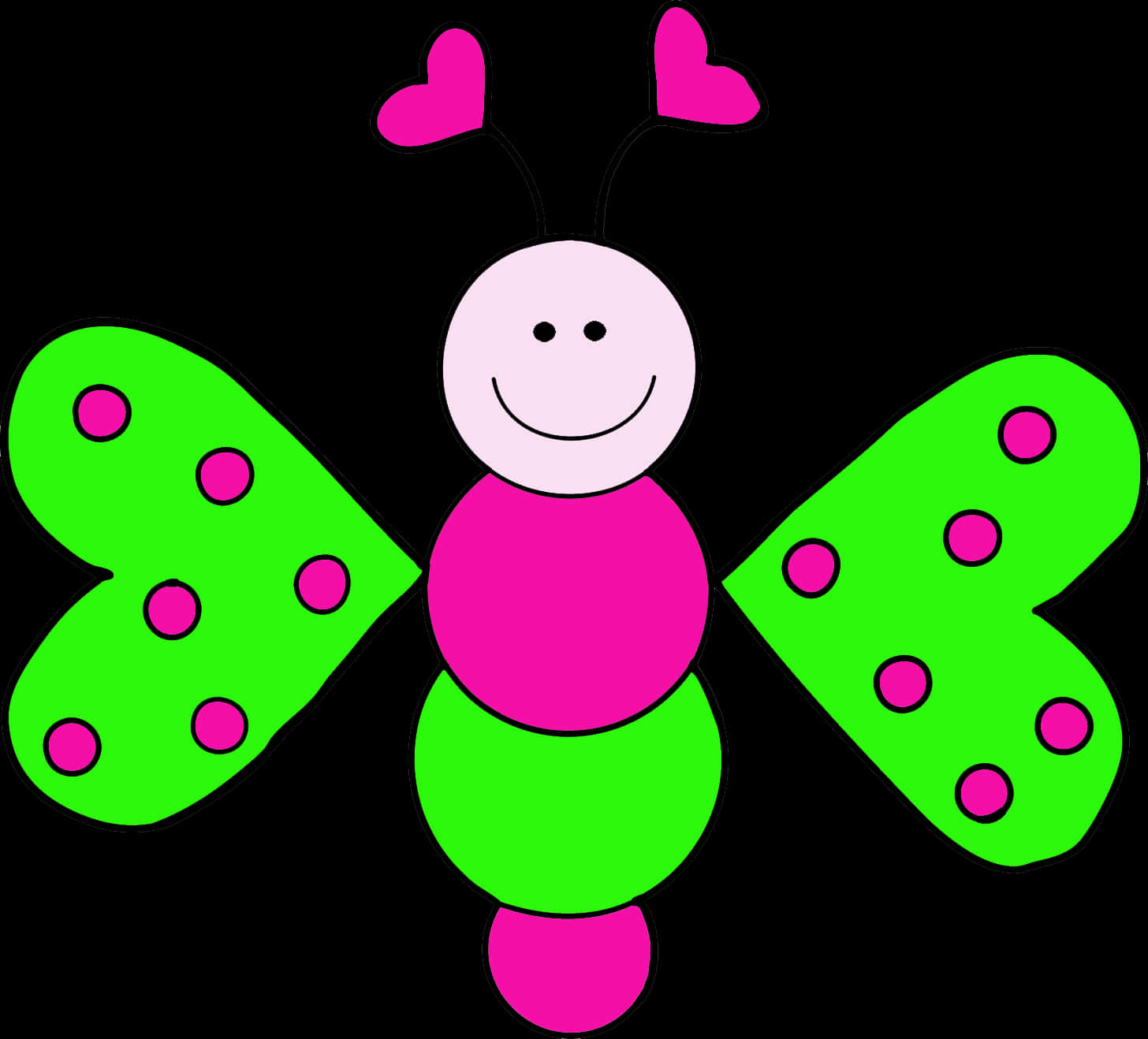 Clip Art 桌布 壁紙 — 一隻快樂的卡通蝴蝶，有粉紅色心形觸角和綠色斑點翅膀，在黑色背景上微笑。