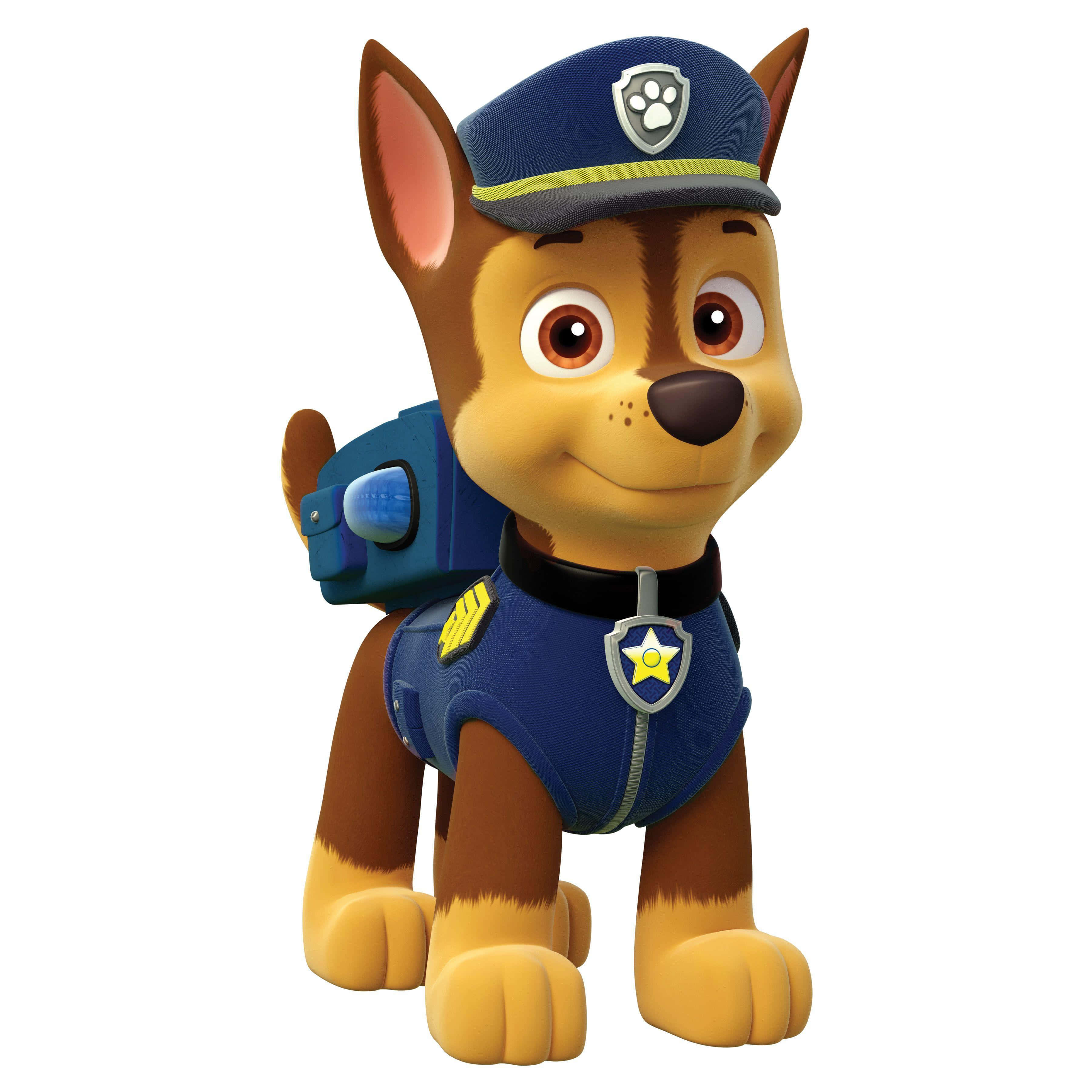 Skye Paw Patrol 桌布 壁紙 — 一隻快樂的卡通警犬，棕色毛髮，藍色制服，佩戴星形徽章，準備行動。
