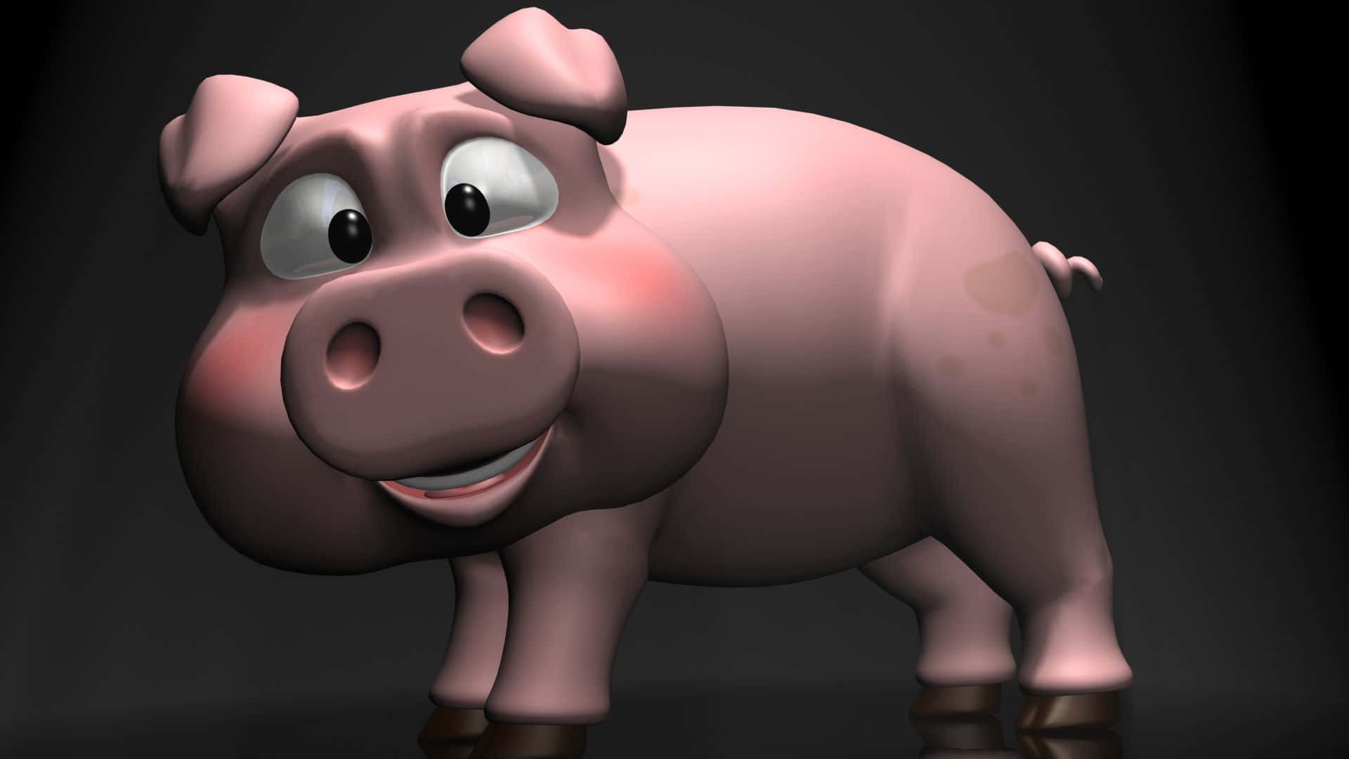 Pig 桌布 壁紙 — 一隻快樂的卡通豬，大眼睛，笑容燦爛，站在深色工作室背景前。