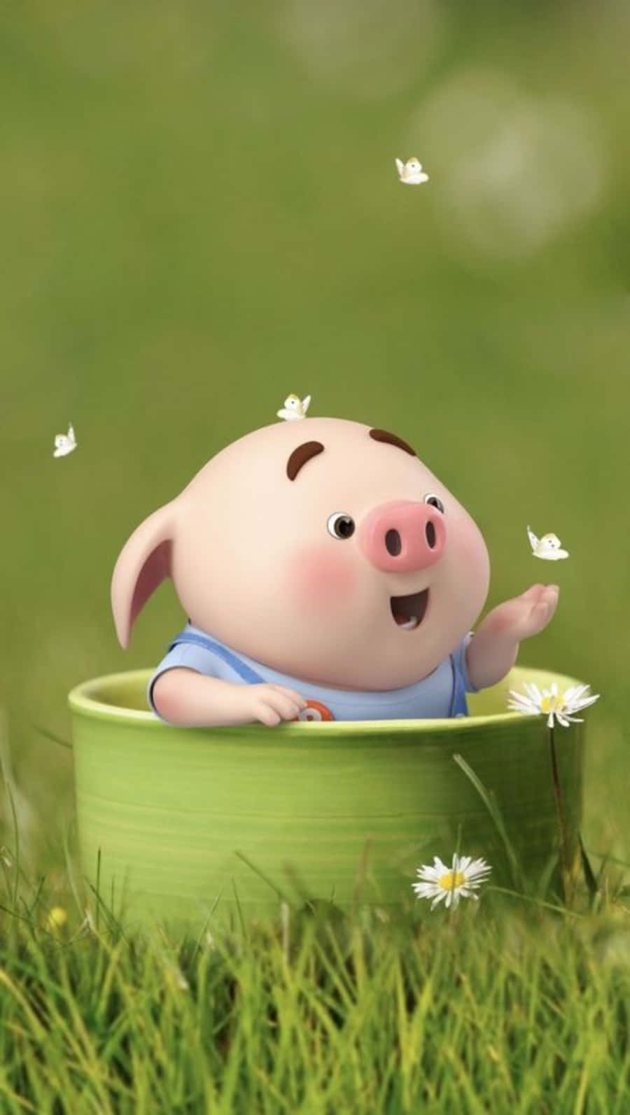 Piggy 桌布 壁紙 — 一隻快樂的卡通豬在綠色水桶中微笑，雛菊和蝴蝶在陽光明媚的草地上飄浮。