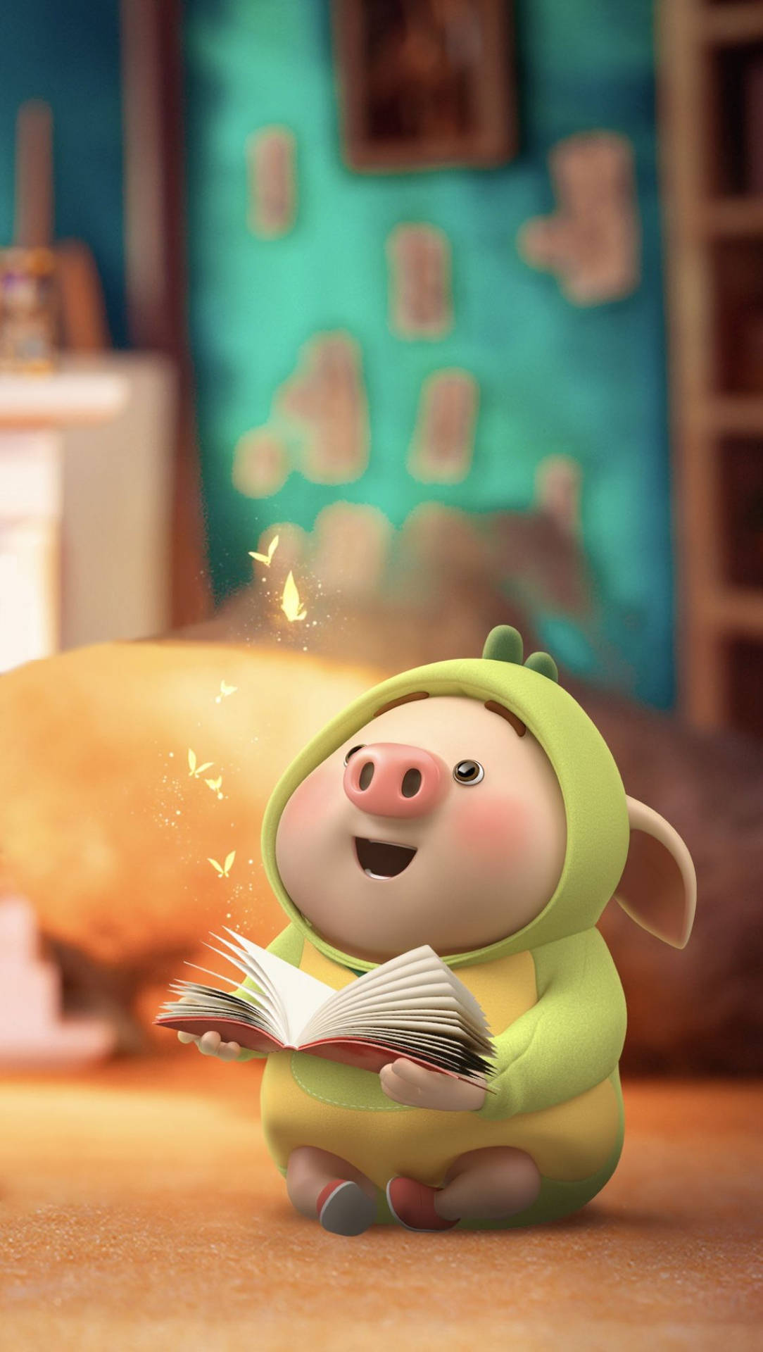 一隻微笑的卡通豬在魔法蝴蝶環繞下看書。 — 可愛豬豬 GIF 壁紙