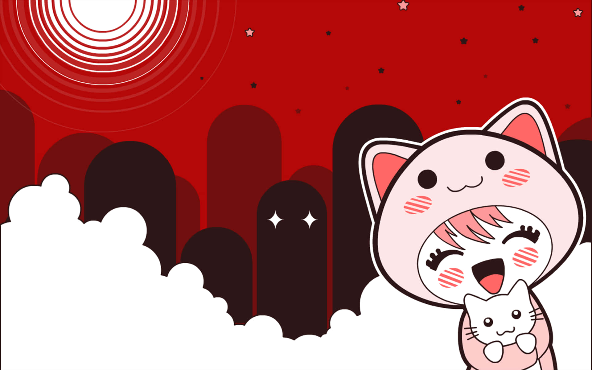Cute Red 桌布 壁紙 — 一隻快樂的卡通貓，粉紅色頭髮和腮紅，抱著一隻小小的白色小貓，背景是風格化的紅色天空，有星星和同心圓。