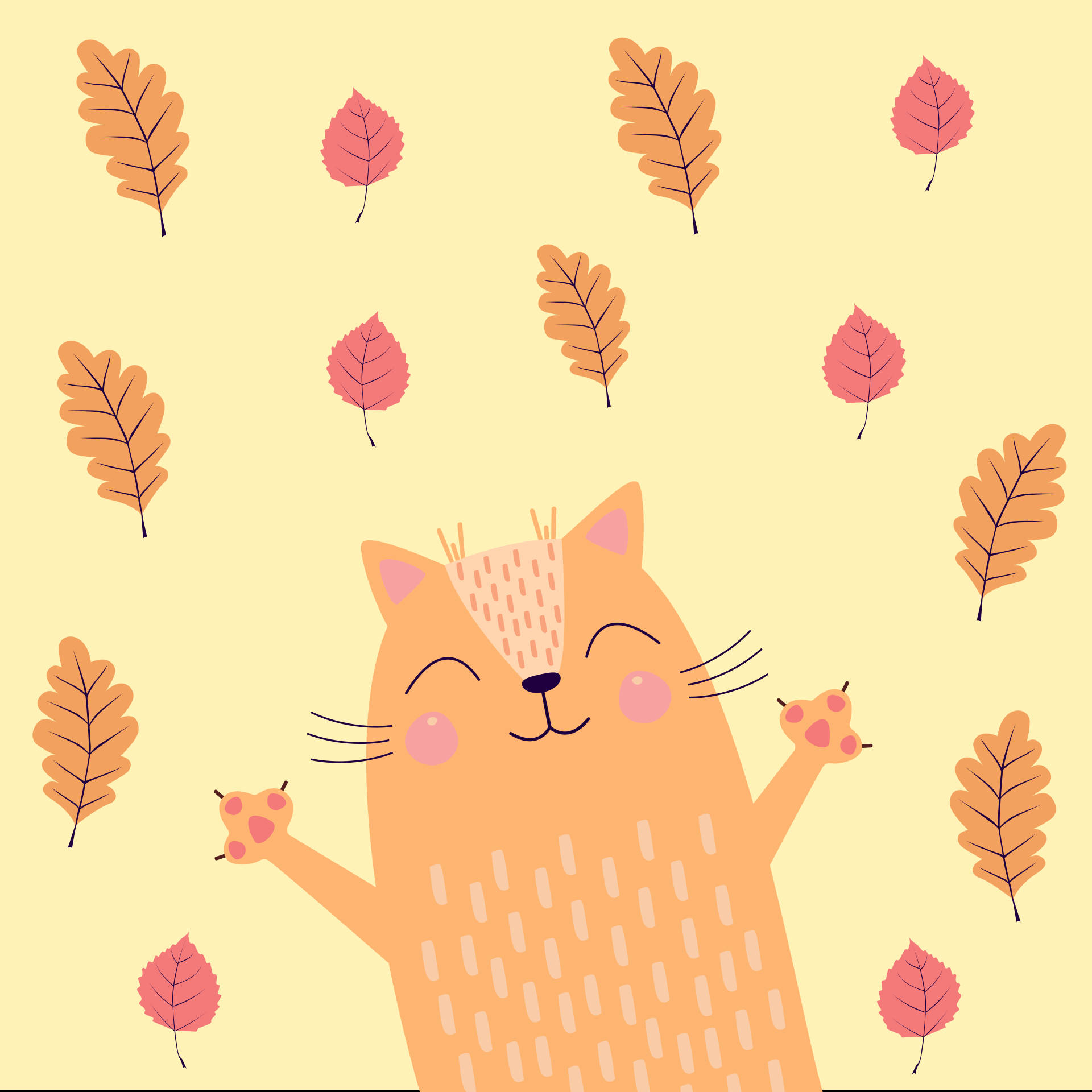 Fall Leaves 桌布 壁紙 — 一隻快樂的卡通貓，閉著眼睛，舉起爪子，在淡黃色背景上歡樂地被飄落的秋葉包圍。