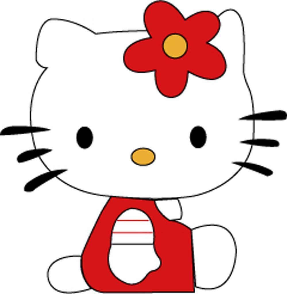 Hello Kitty 桌布 壁紙 — 一隻快樂的卡通貓，頭上戴著一朵紅花，穿著帶白色條紋的紅色連衣裙。