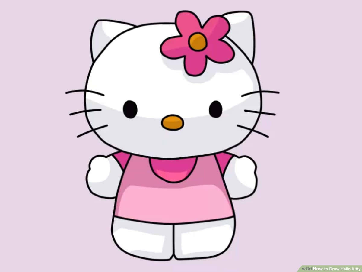Hello Kitty 桌布 壁紙 — 一隻快樂的卡通貓，頭上戴著粉紅色的花，身穿粉紅色的上衣，站在柔和的薰衣草背景前。