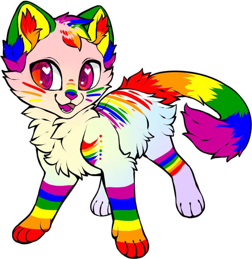 LGBT 桌布 壁紙 — 一隻快樂的卡通貓咪，擁有彩虹毛髮和心形眼睛，站在黑色背景前。