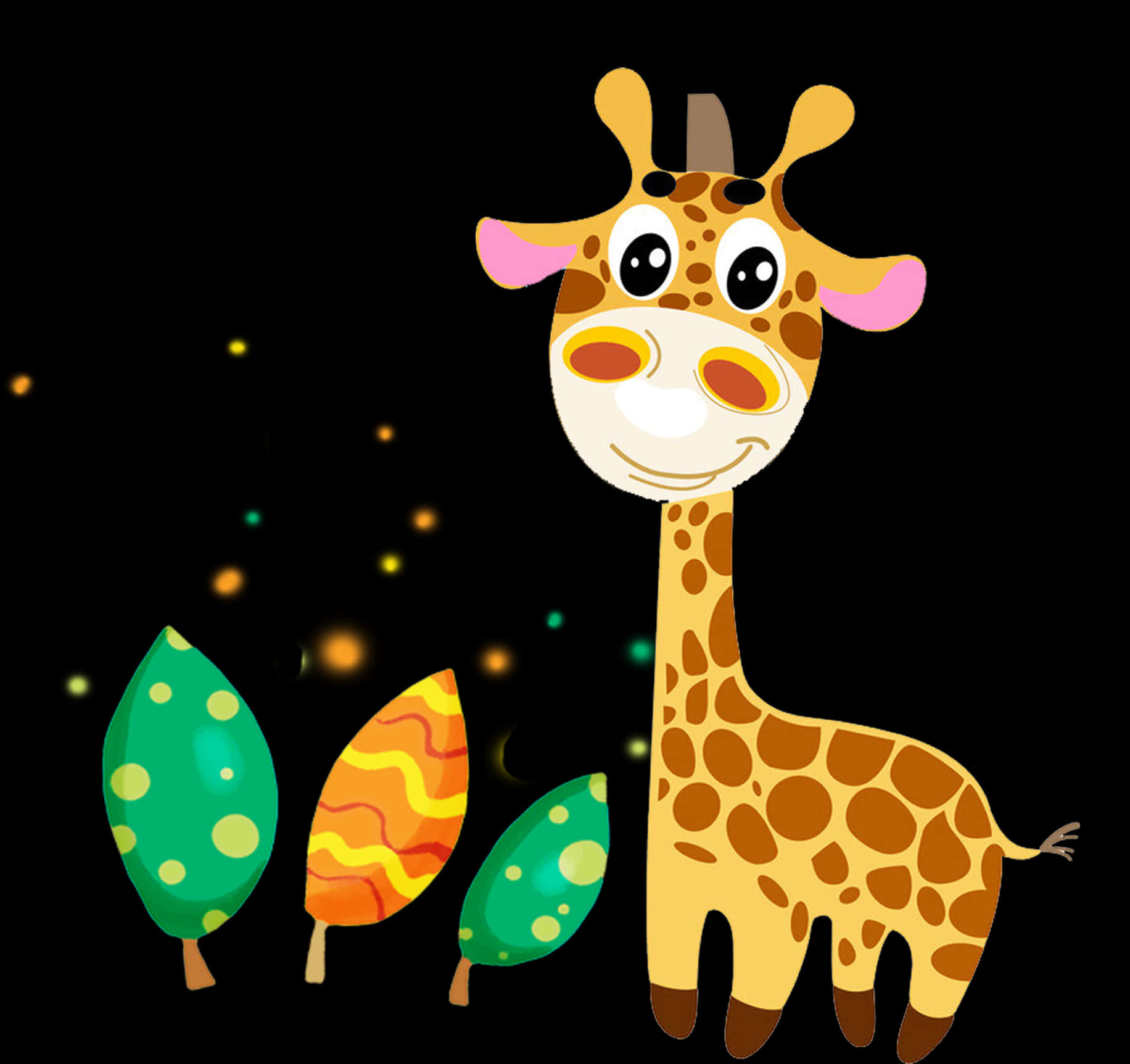 Baby Giraffe 桌布 壁紙 — 一隻快樂的卡通長頸鹿，有大眼睛和粉紅色耳朵，站在三棵色彩繽紛的風格化樹木旁邊，背景是黑色帶有發光點點。