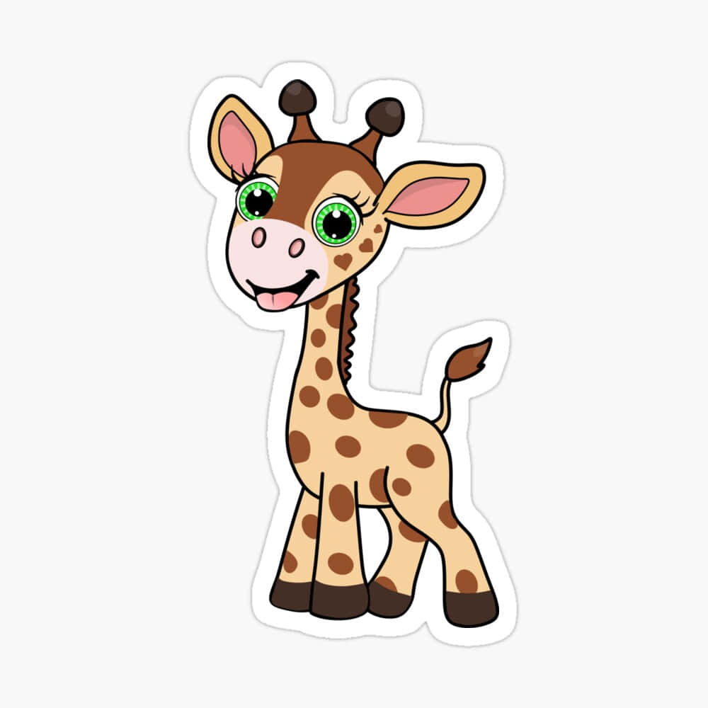 Cartoon Animal 桌布 壁紙 — 一隻快樂的卡通長頸鹿，有著大大的綠色眼睛和微笑的臉，站在純白色背景前。