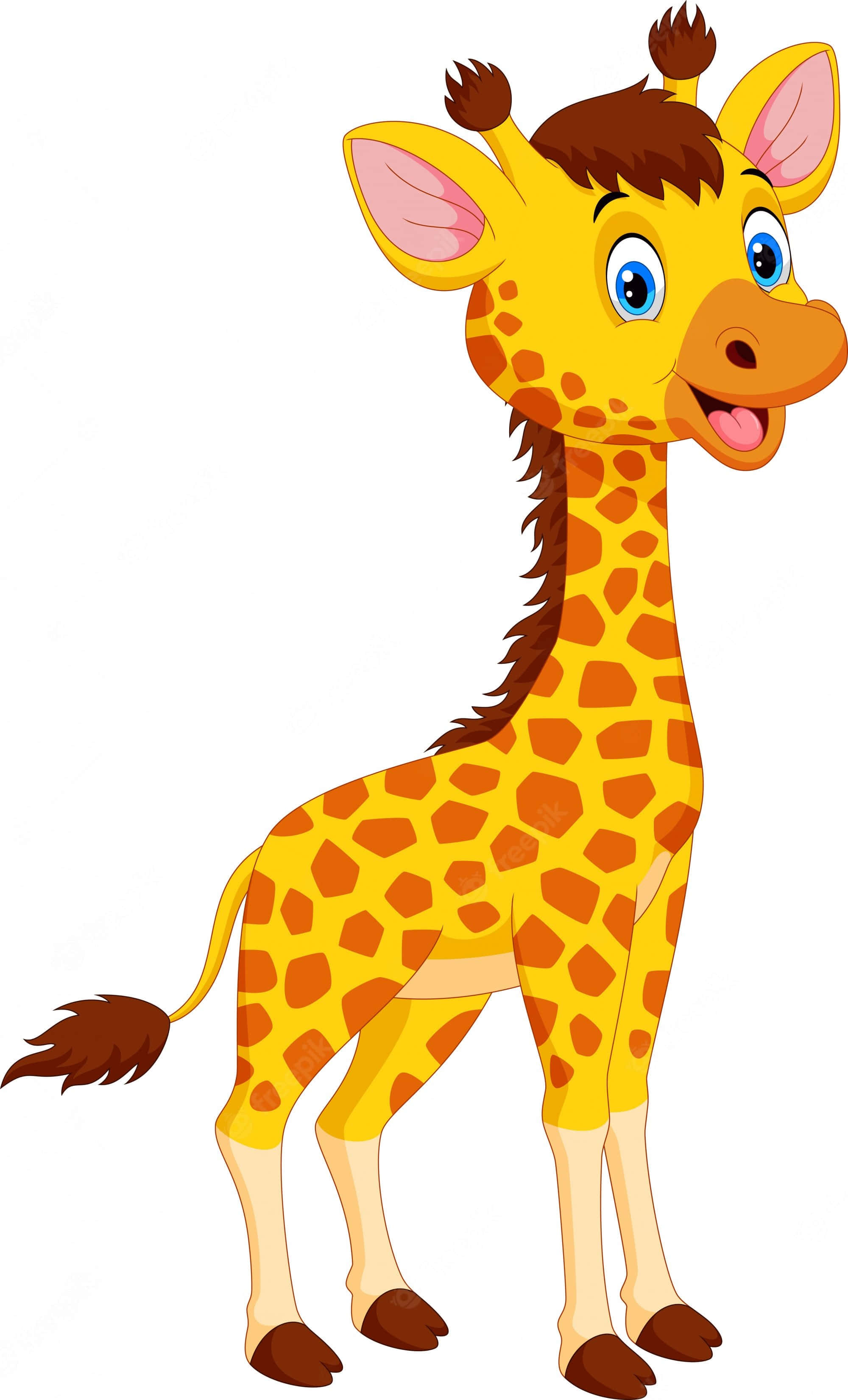 Baby Giraffe 桌布 壁紙 — 一隻快樂的卡通長頸鹿，有著大大的藍色眼睛和微笑的嘴巴，站在純白色背景前。