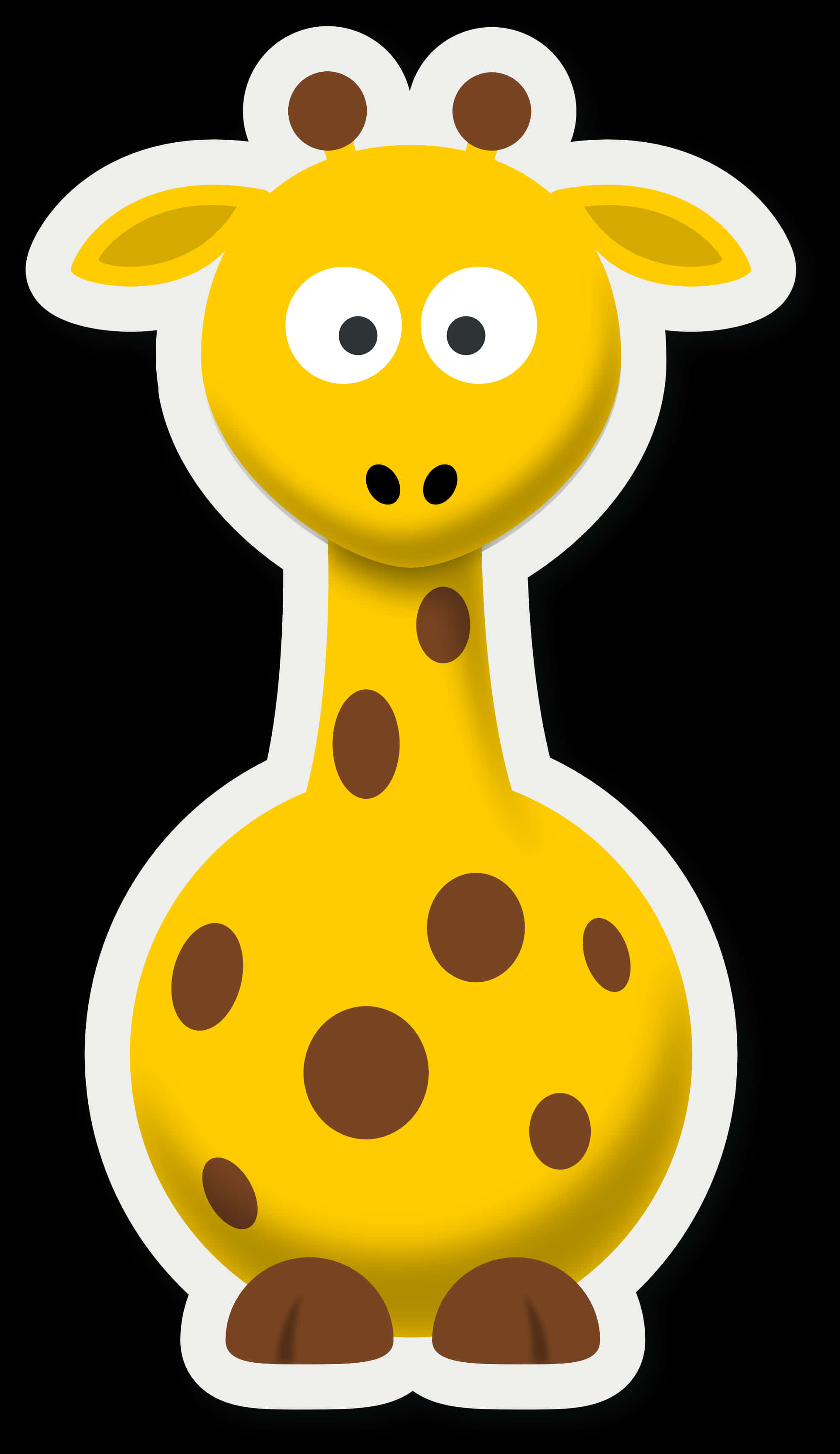 Baby Giraffe 桌布 壁紙 — 一隻快樂的卡通長頸鹿，黃色身體、棕色斑點和大眼睛，站在黑色背景前。