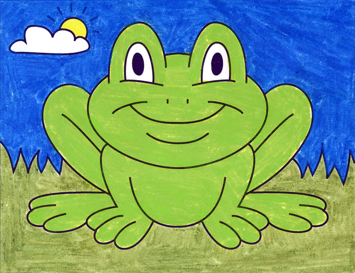 Frog Drawing 桌布 壁紙 — 一隻快樂的卡通青蛙，大眼睛，坐在草地上，藍天下有太陽和白雲。