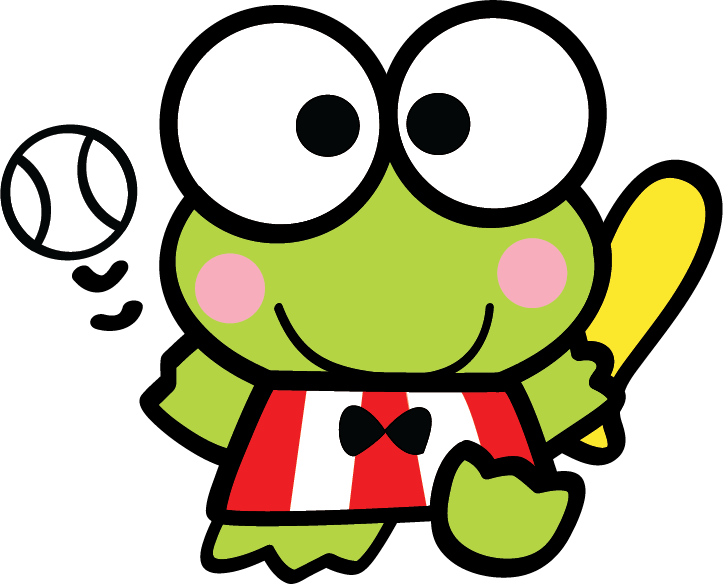 Cute Frog 桌布 壁紙 — 一隻快樂的卡通青蛙，穿著紅白條紋襯衫，在黑色背景前拿著黃色棒球棒和白色棒球。