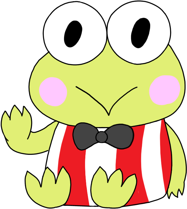 Cute Frog 桌布 壁紙 — 一隻快樂的卡通青蛙，穿著紅白條紋襯衫和黑色蝴蝶結，在黑色背景上開心地揮手。