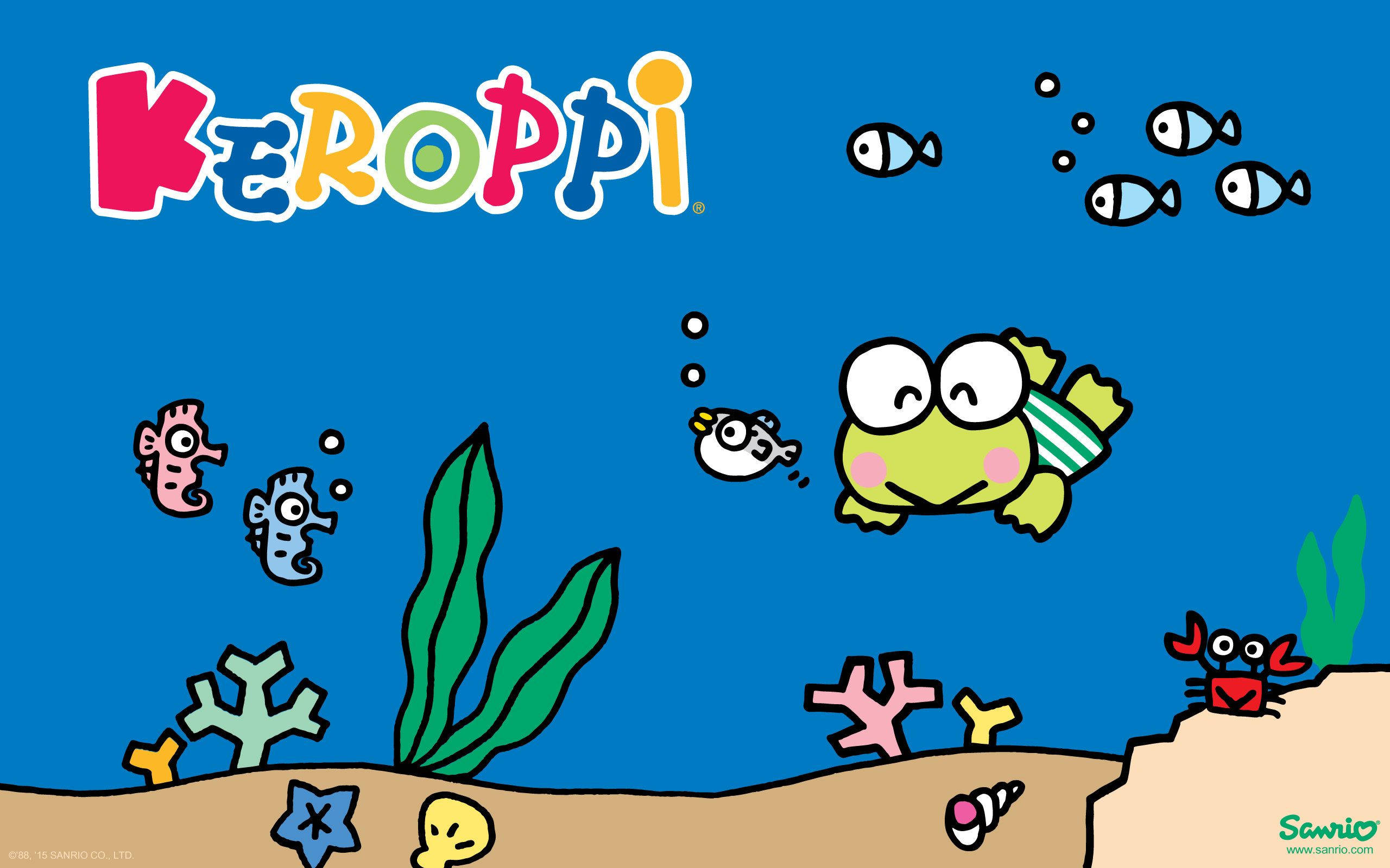 Keroppi 桌布 壁紙 — 一隻快樂的卡通青蛙在充滿活力的藍色海洋場景中與魚、海馬和螃蟹一起在水下游泳。