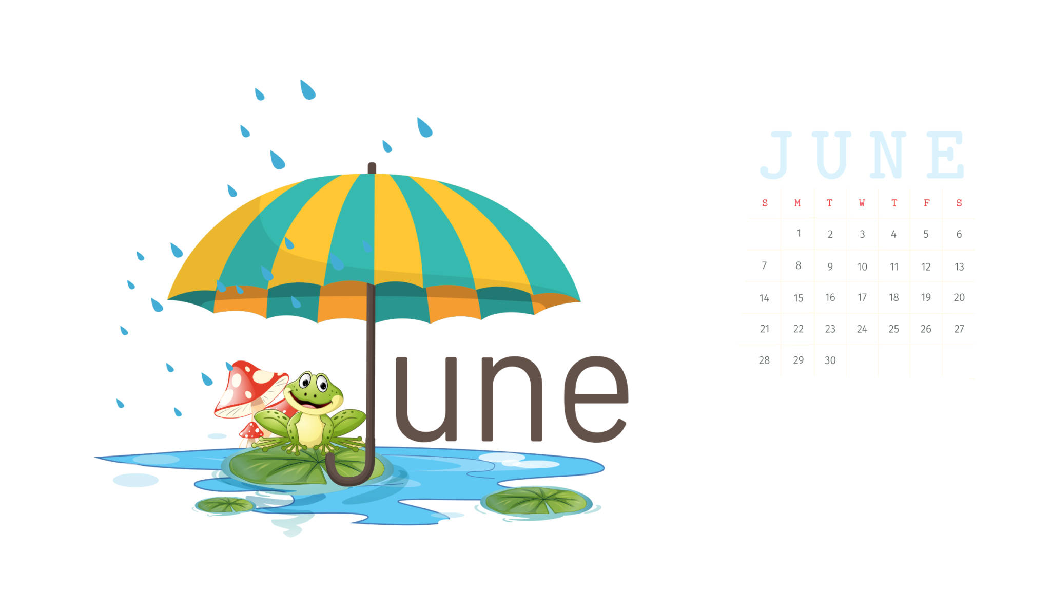 June 桌布 壁紙 — 一隻快樂的卡通青蛙拿著雨傘坐在蓮葉上，旁邊是六月日曆的雨水坑中。