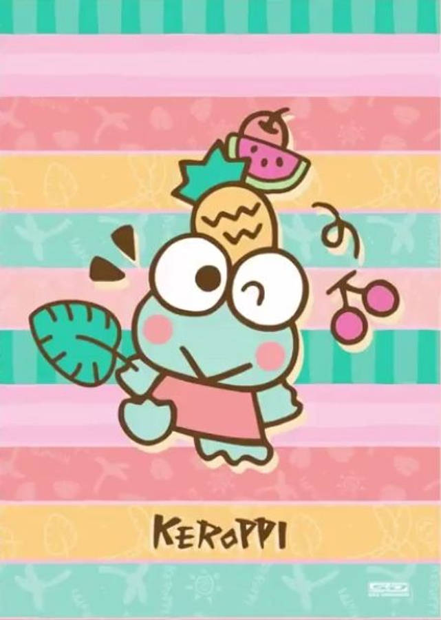 Keroppi 桌布 壁紙 — 一隻快樂的卡通青蛙穿著粉紅色圍裙，拿著一片葉子，色彩繽紛的水果配料在條紋粉彩背景上漂浮。