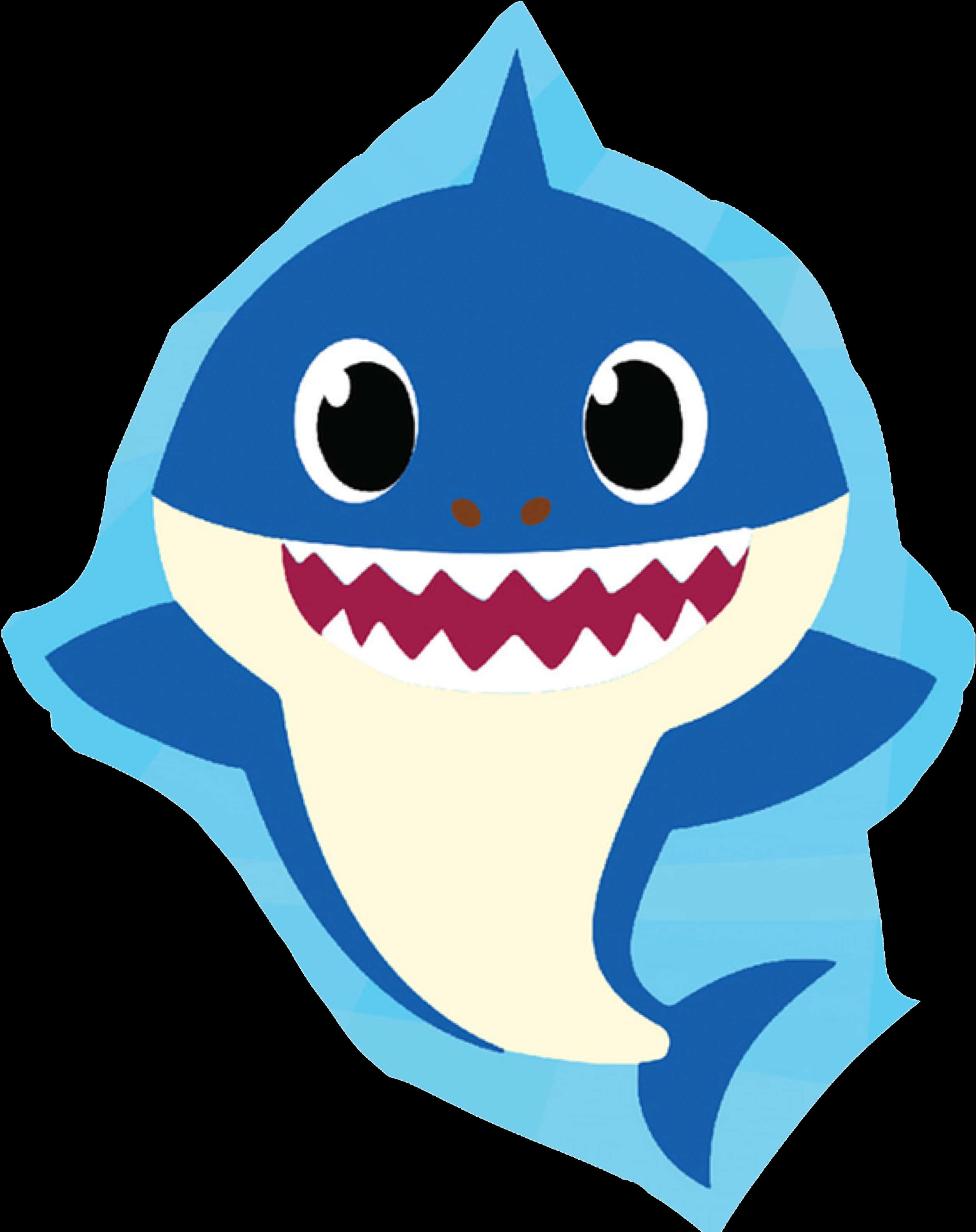 baby shark 桌布 壁紙 — 一隻快樂的卡通鯊魚，有大眼睛和鋒利的牙齒，在黑色背景上微笑。