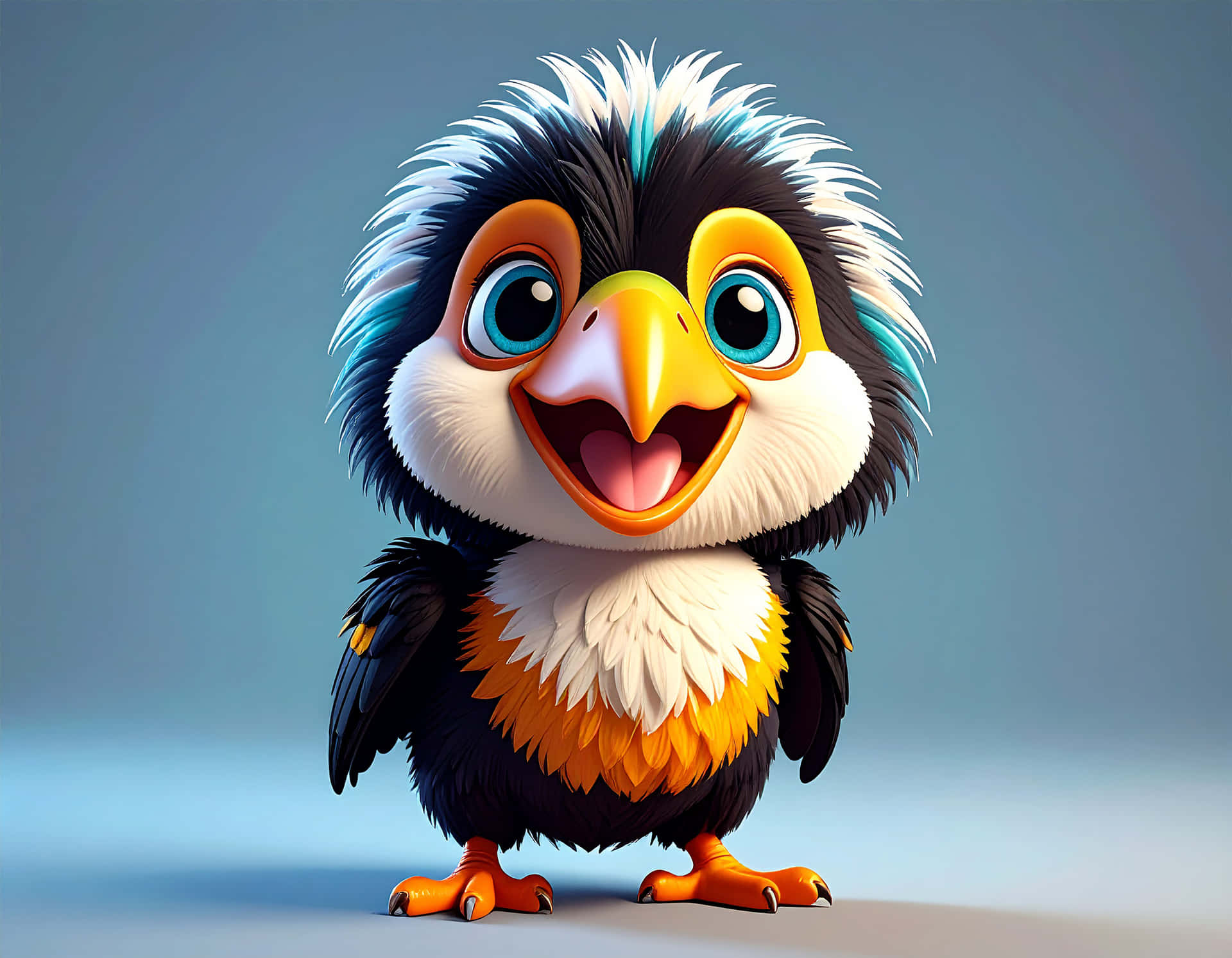 Baby Tucan 壁紙 — 一隻快樂的卡通鳥，擁有蓬鬆的黑白羽毛、明亮的橙色喙和寬大的藍色眼睛，愉快地站在柔和的藍色漸變背景前。