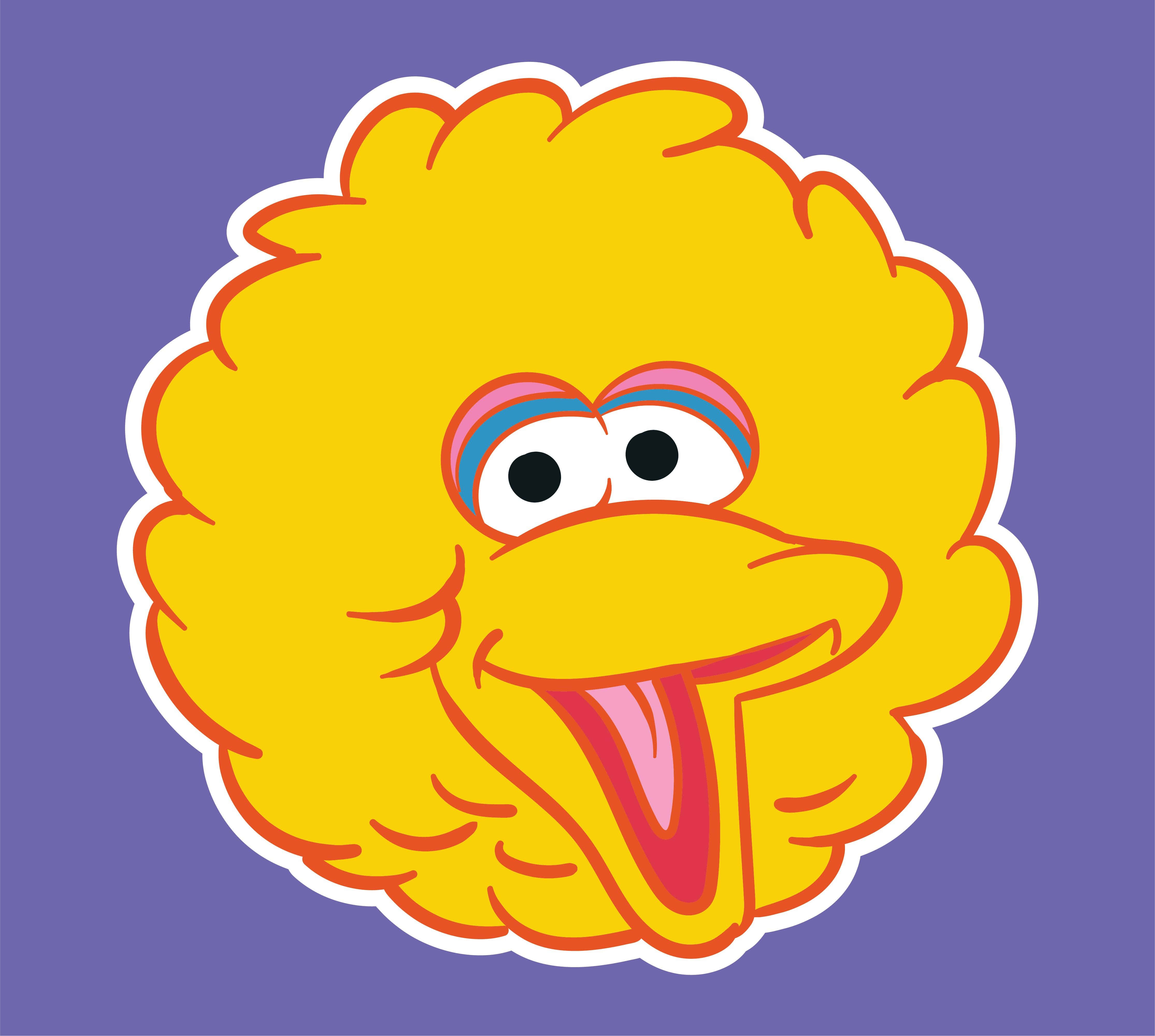 Big Bird 桌布 壁紙 — 一隻快樂的卡通鳥，黃色蓬鬆的頭，張大嘴巴，背景為紫色。