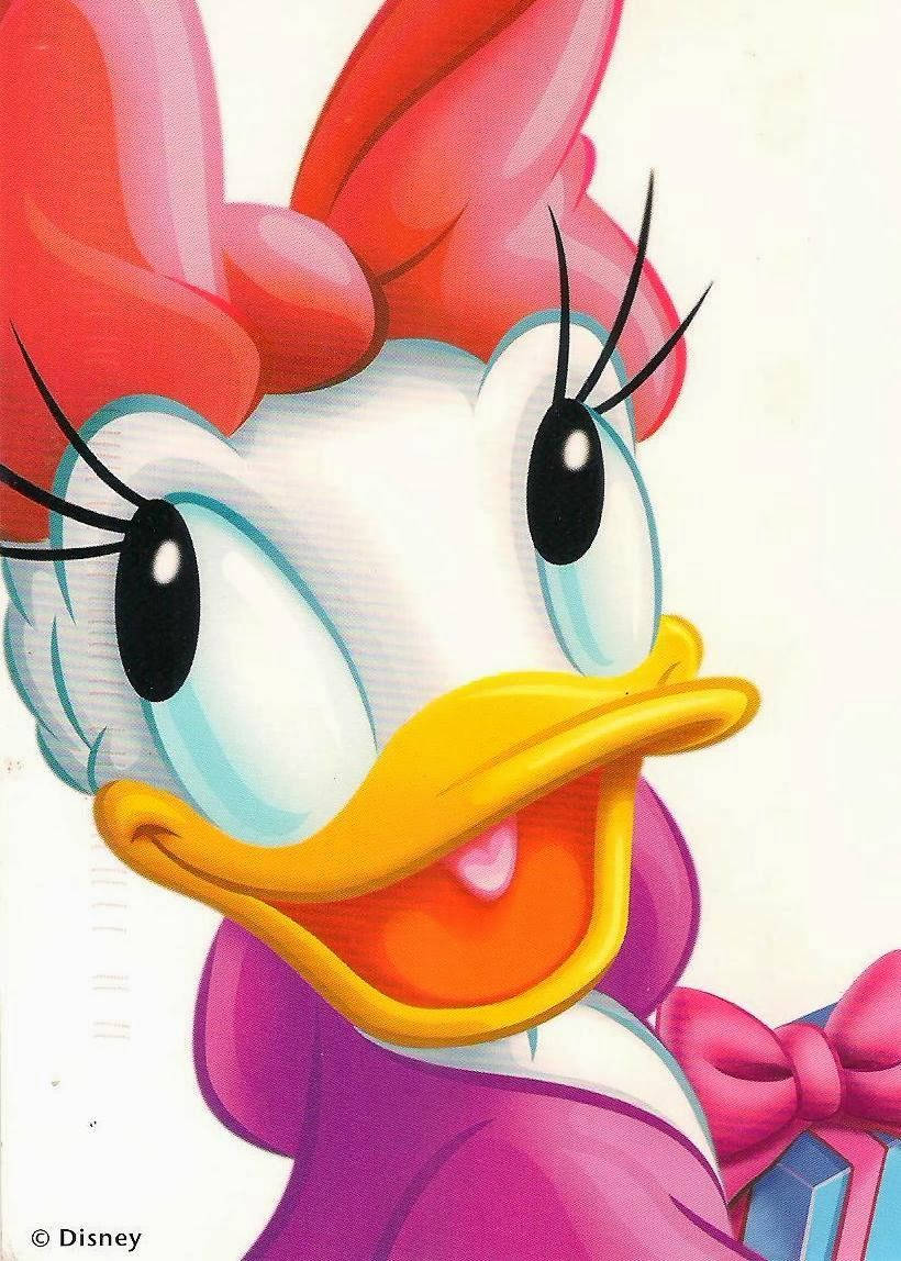 Daisy Duck 桌布 壁紙 — 一隻快樂的卡通鴨子，戴著紅色蝴蝶結和紫色服裝，在純白色背景上燦爛地微笑。