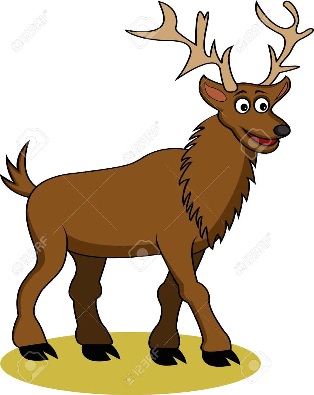Funny Deer 桌布 壁紙 — 一隻快樂的卡通鹿，長著大鹿角，帶著友善的笑容，站在一片黃色的草地上。