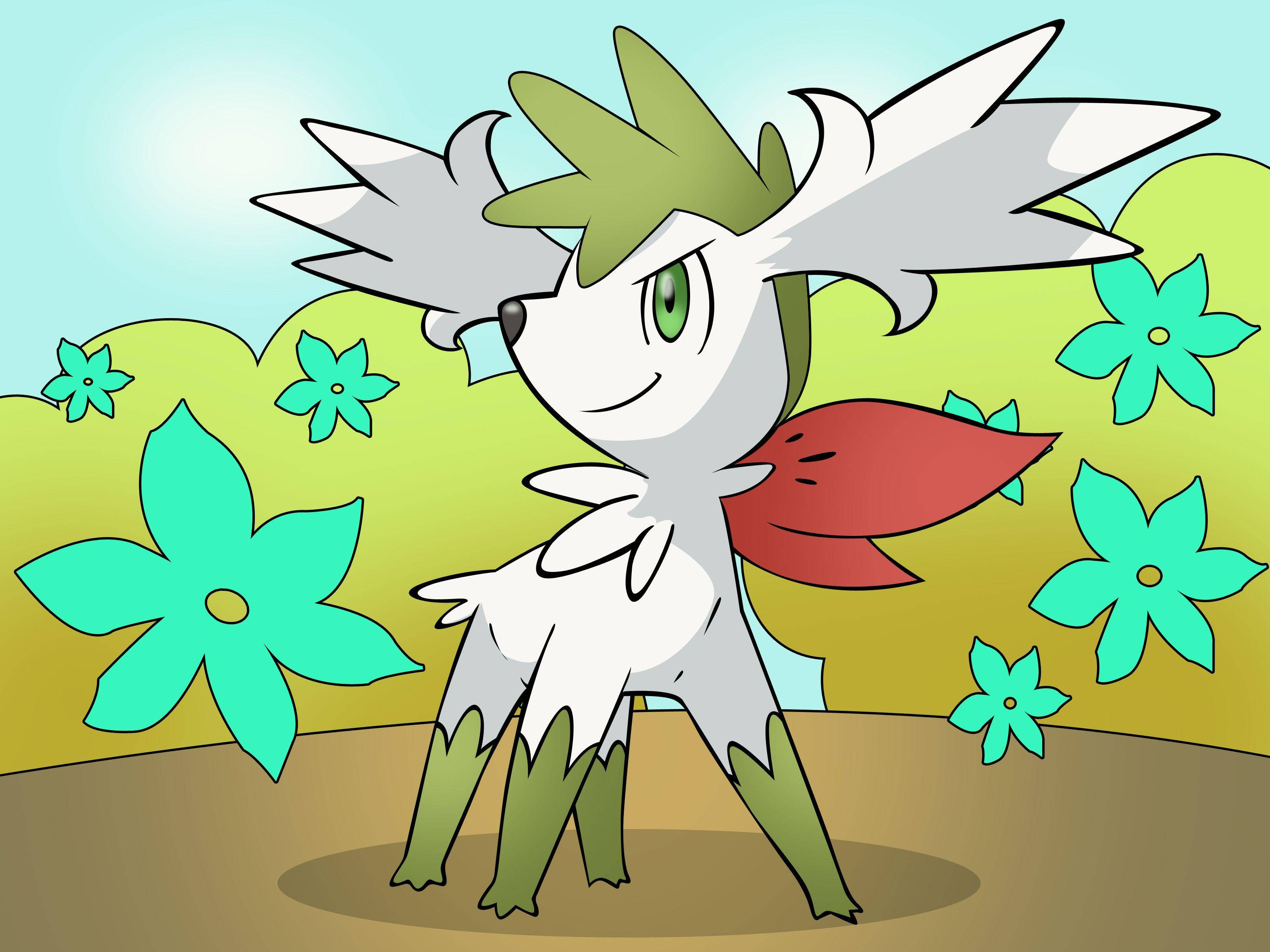 Shaymin 桌布 壁紙 — 一隻快樂的卡通鹿狀生物，有綠色葉子耳朵和紅色圍巾，站在風格化的綠松石花朵中，在柔和的藍天下。