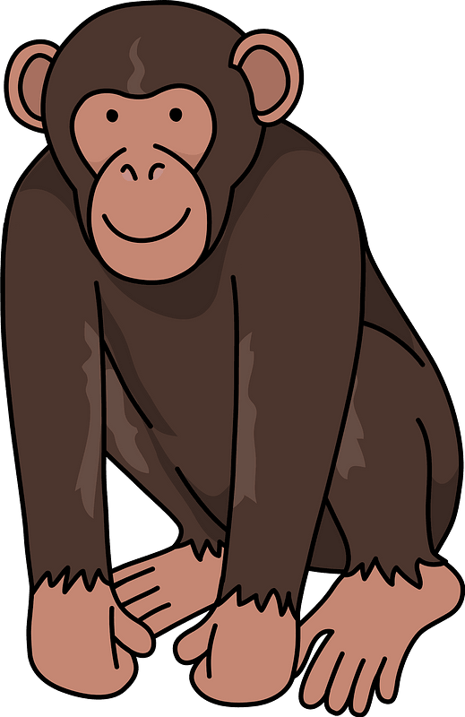 Ape 桌布 壁紙 — 一隻快樂的卡通黑猩猩，有棕色毛髮和燦爛笑容，直坐在純青色背景前。