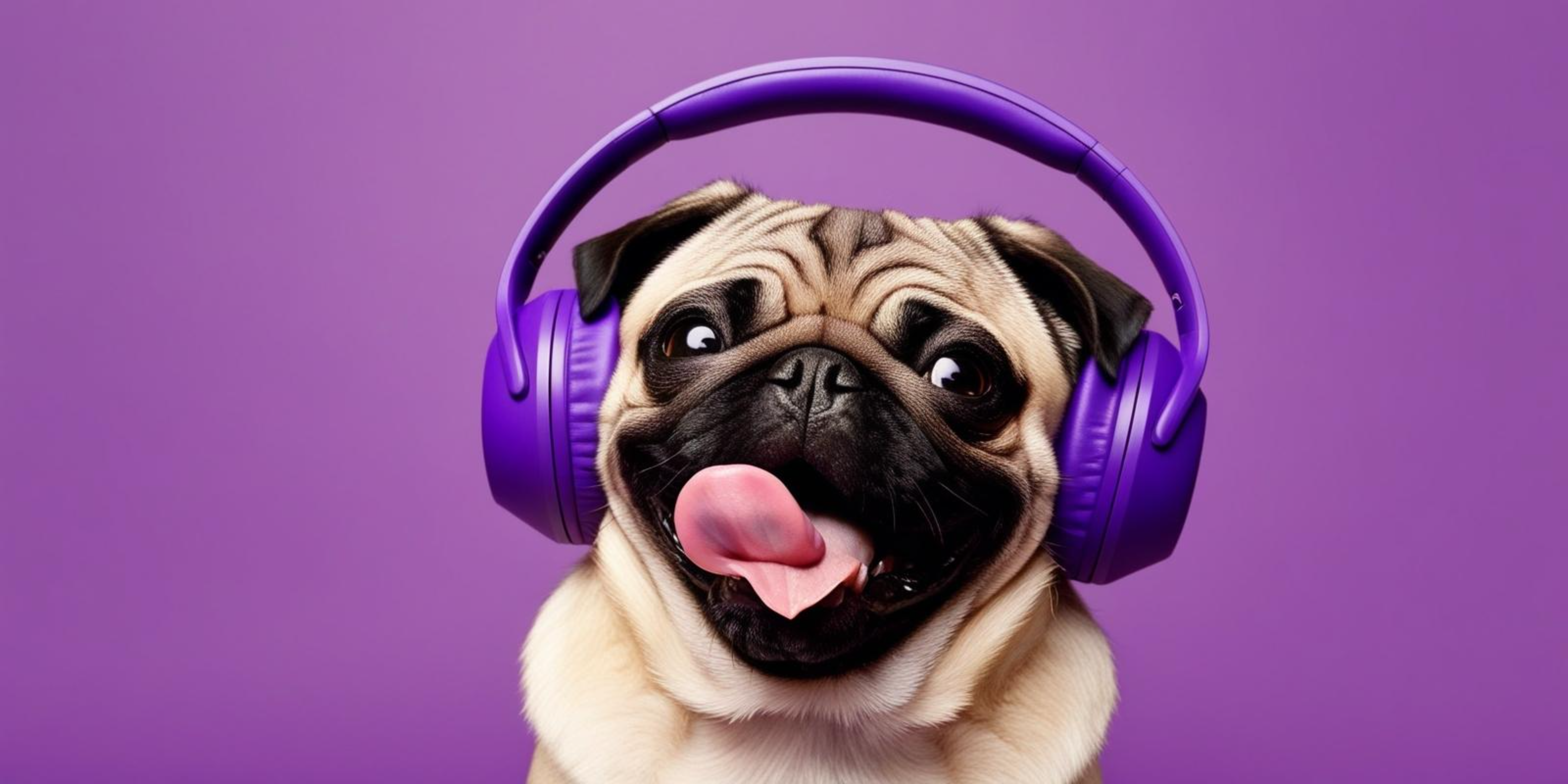 Headphones 桌布 壁紙 — 一隻快樂的哈巴狗戴著超大型紫色耳機，背景為純紫色。