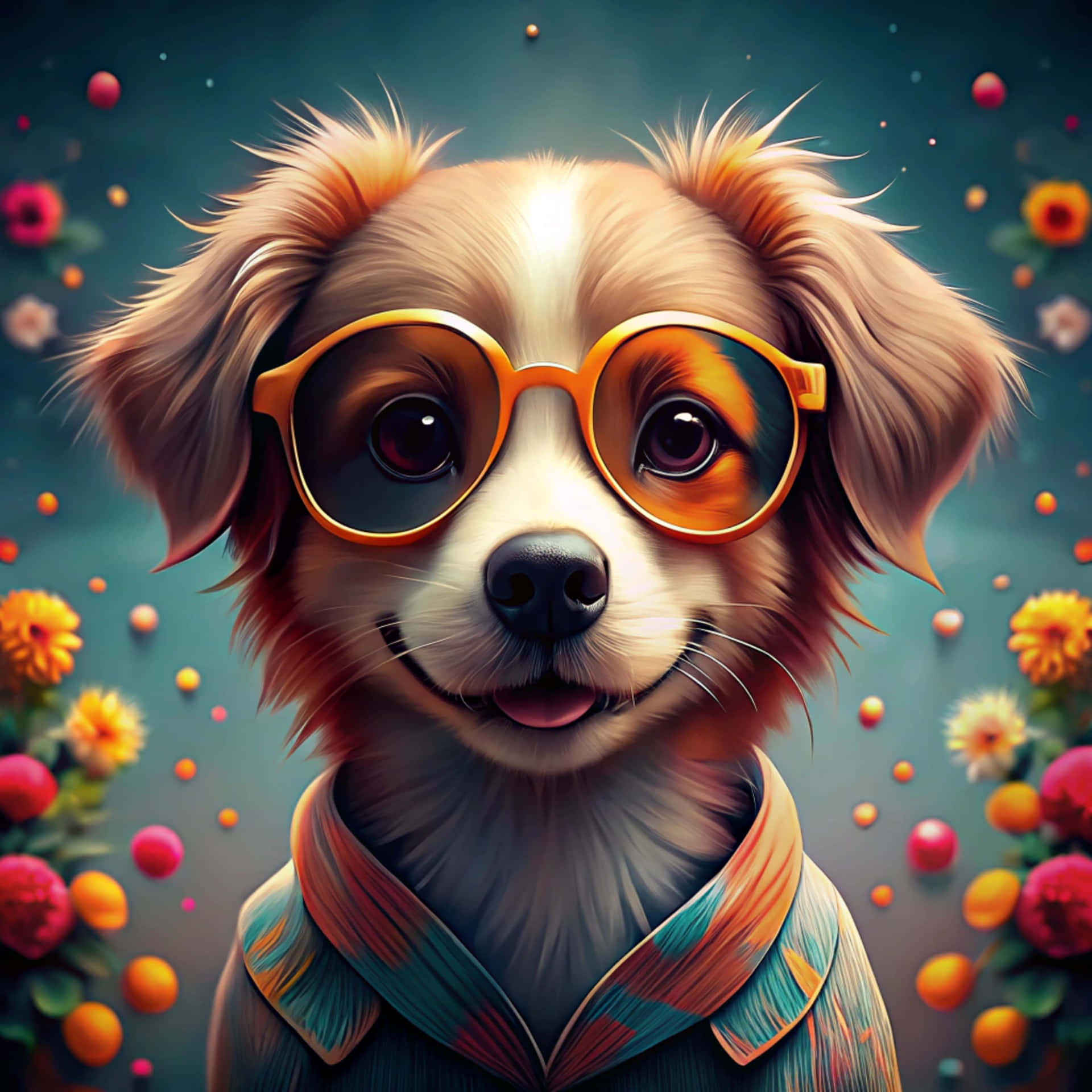 Dog with glasses 壁紙 — 一隻快樂的小狗，毛茸茸的，戴著超大的橙色眼鏡和彩色圖案襯衫，背景是漂浮的花朵和發光的球體。