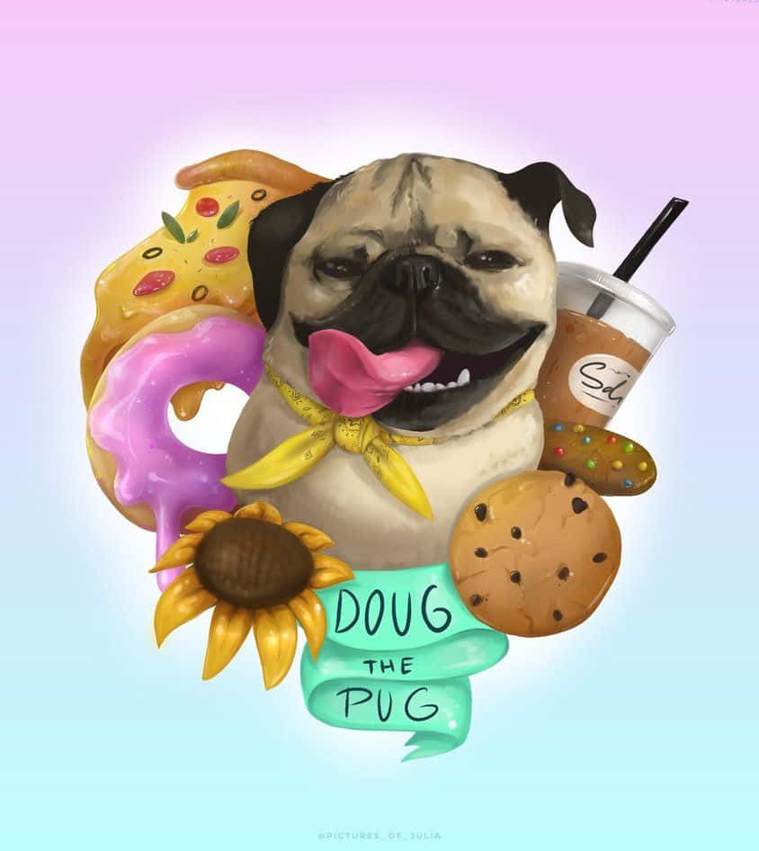 Desserts 桌布 壁紙 — 一隻快樂的巴哥犬被糖果和向日葵包圍，背景是柔和漸變色。
