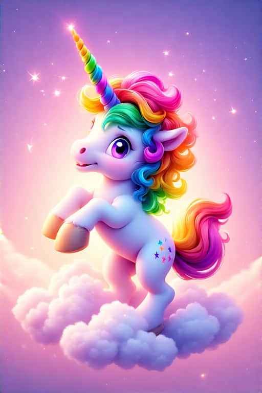 Chibi Unicorn on a Cloud Rainbow Mane 4K 壁紙 — 一隻快樂的彩虹鬃毛獨角獸，閃爍的角，站在蓬鬆的雲朵上，背景是滿天星斗的紫色和粉紅色天空。