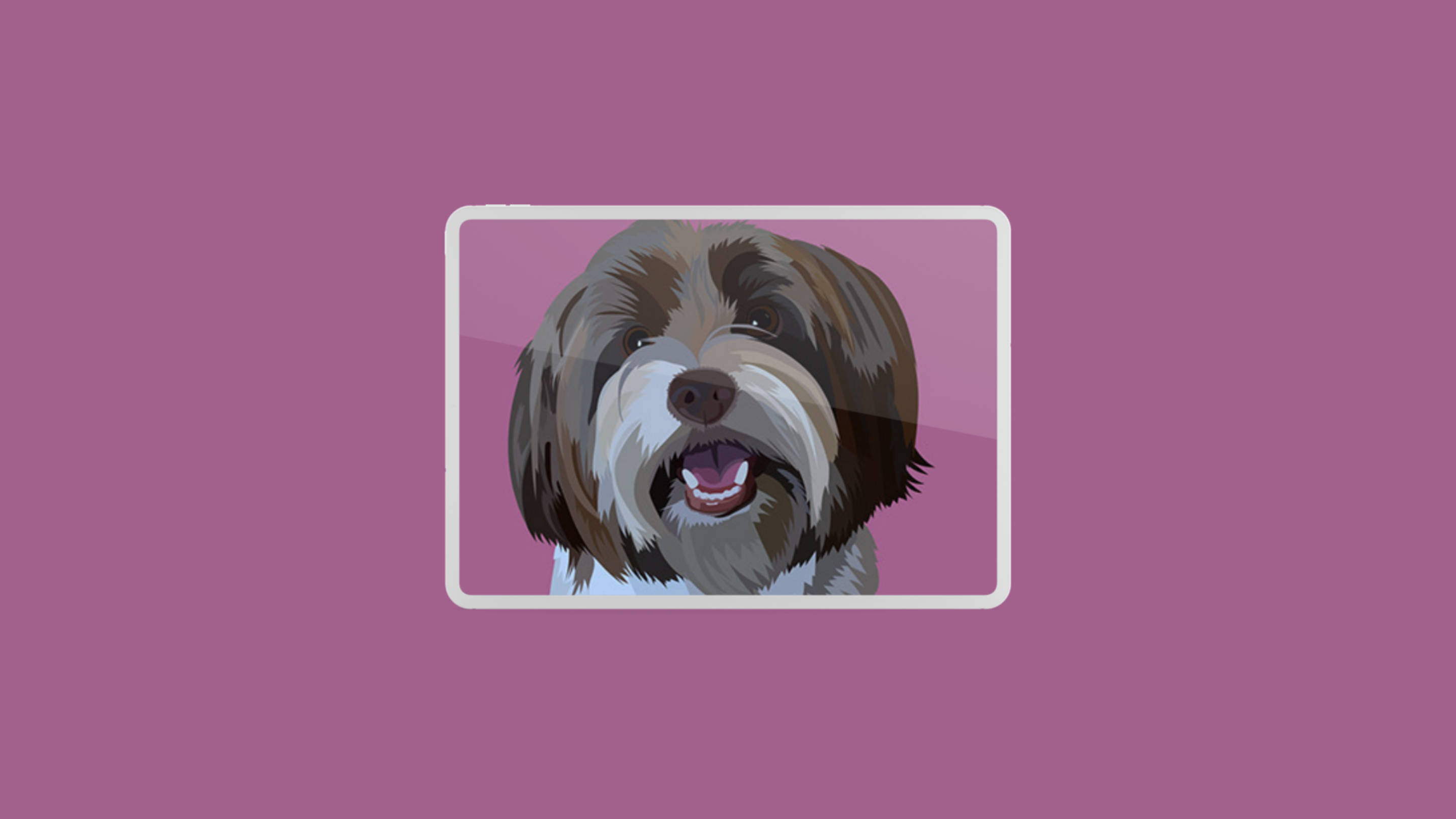 Terrier 桌布 壁紙 — 一隻快樂的插圖狗，擁有蓬鬆的棕色和白色毛髮，在白色邊框的平板電腦內，對著純洋紅色背景燦爛微笑。