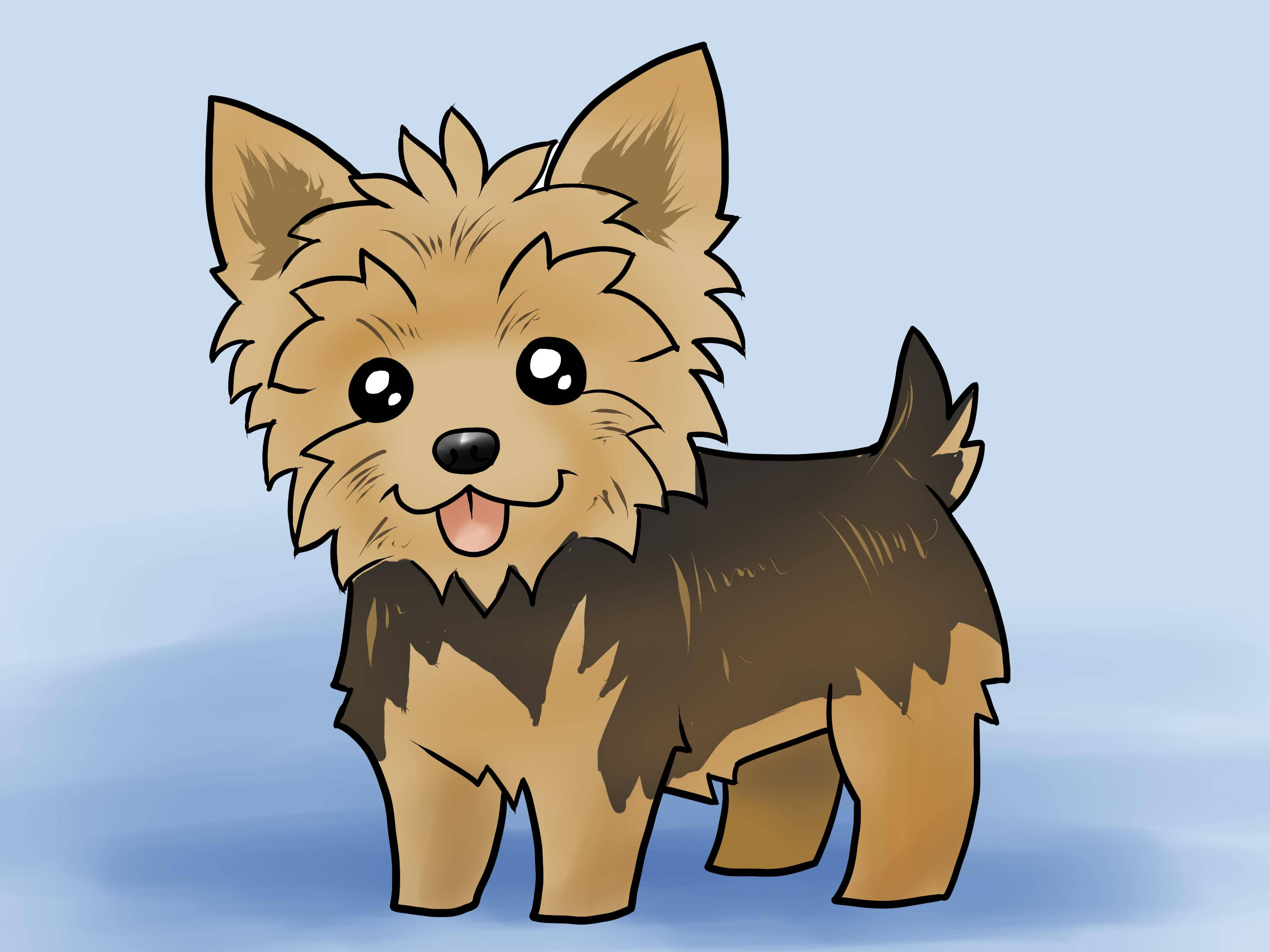 yorkie 桌布 壁紙 — 一隻快樂的插圖約克夏㹴，擁有蓬鬆的淺棕色和棕色毛髮，愉快地站在柔和的藍色漸變背景前。