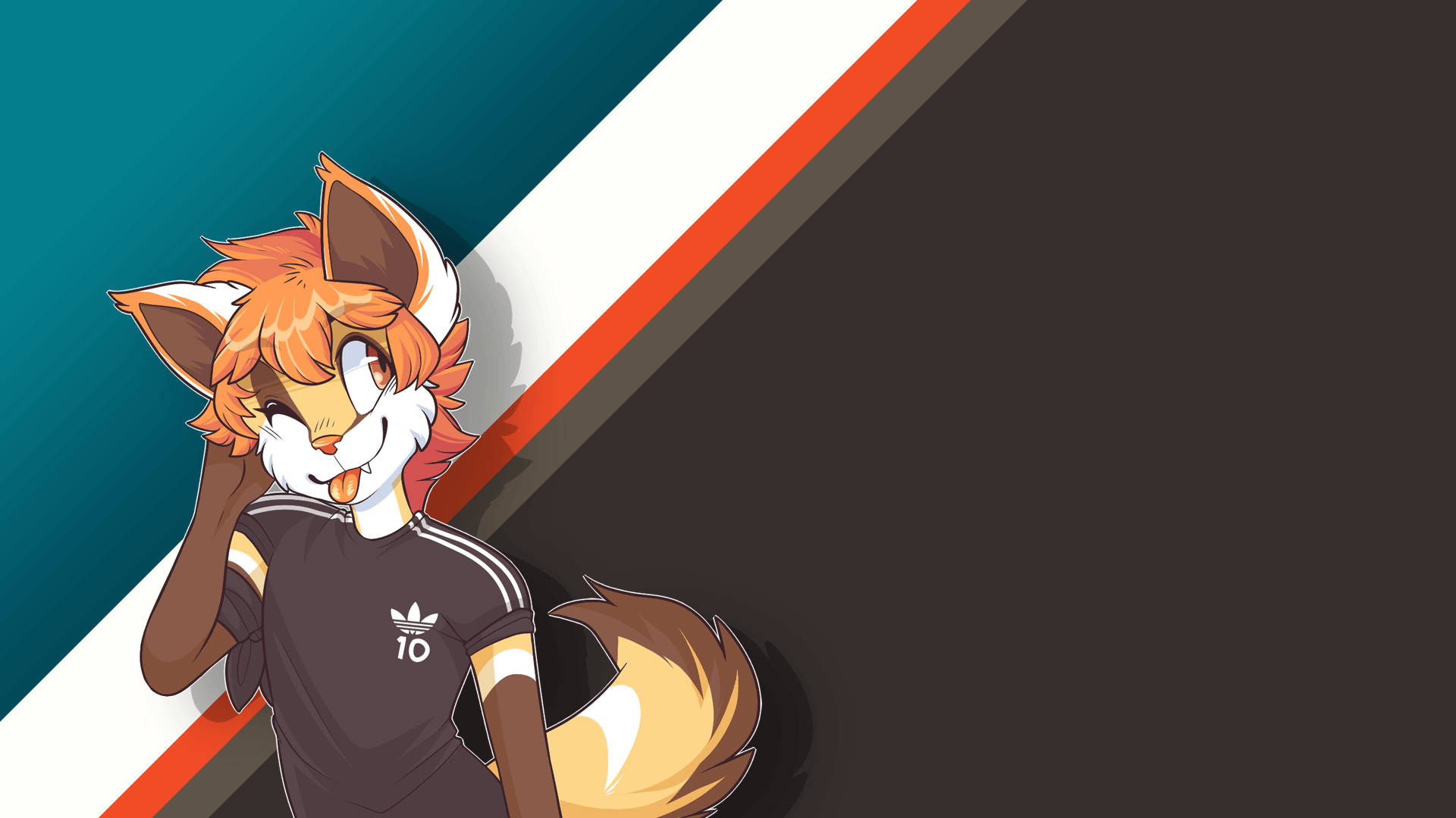 獸人 桌布 壁紙 — 一隻快樂的擬人化狐狸穿著黑色Adidas球衣，靠在大膽的斜紋背景上。
