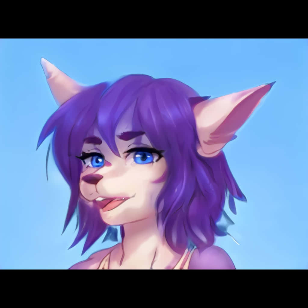 獸人 桌布 壁紙 — 一隻快樂的擬人化貓咪，擁有紫色頭髮和藍色眼睛，在柔和的藍天背景下微笑。