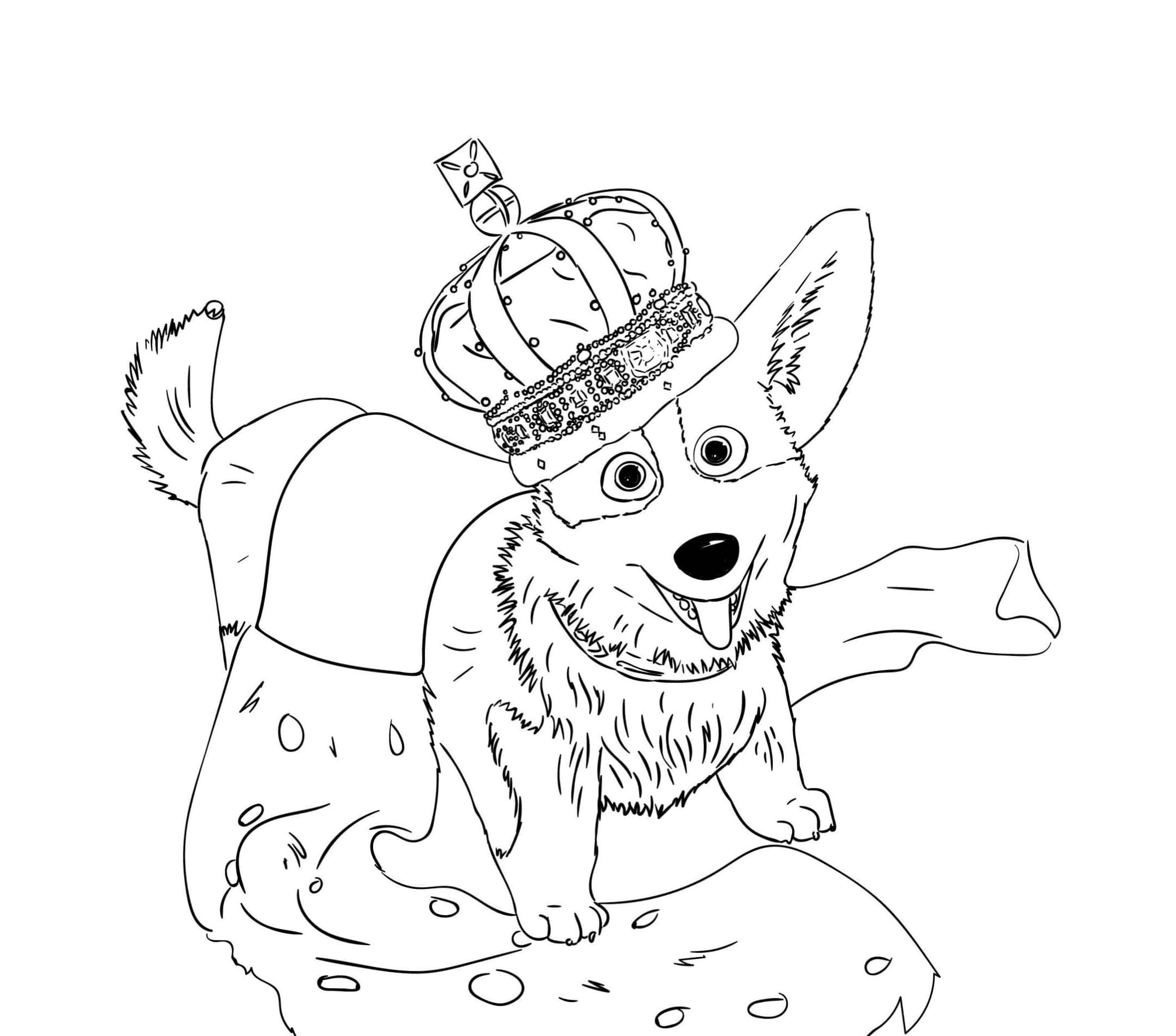 柯基 桌布 壁紙 — 一隻快樂的柯基犬戴著精細的王冠和披風，自豪地坐在一張斑點墊子上，以黑白線條畫呈現。
