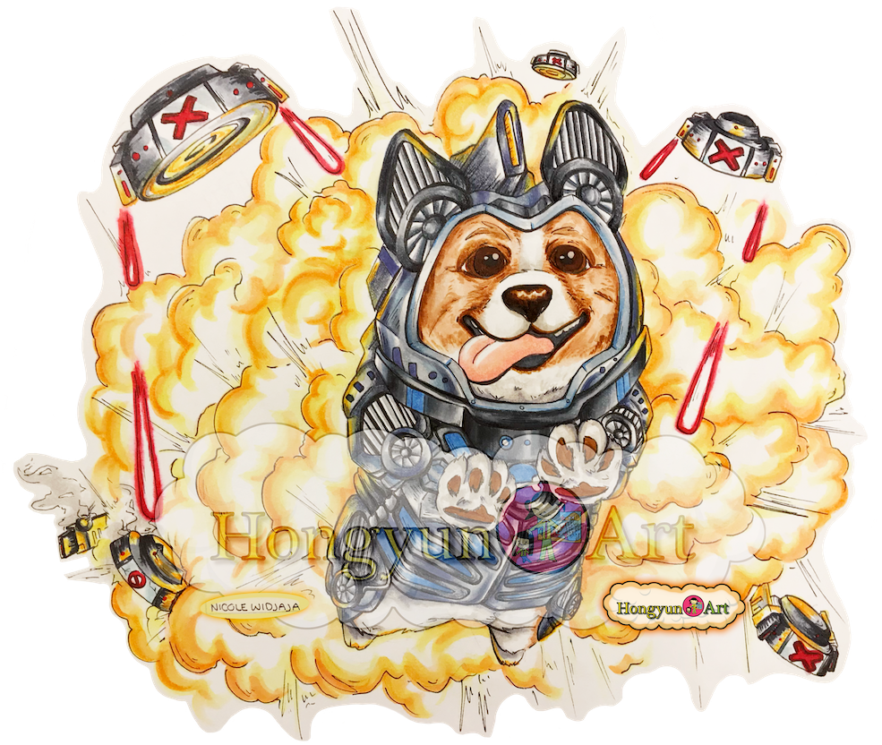柯基 桌布 壁紙 — 一隻快樂的柯基犬穿著精細的未來風格盔甲，伸出頑皮的舌頭衝破火焰爆炸。