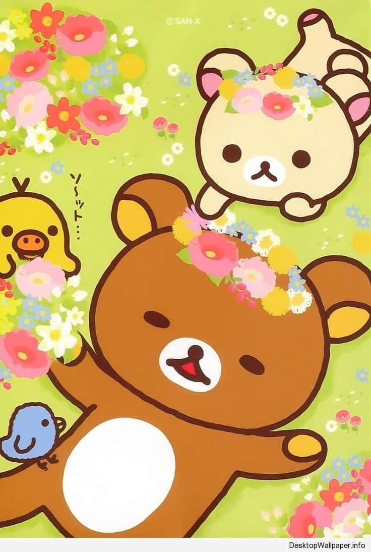 懶懶熊 桌布 壁紙 — 一隻快樂的棕熊和朋友們在充滿活力的春天花園中，裝飾著色彩繽紛的花冠。