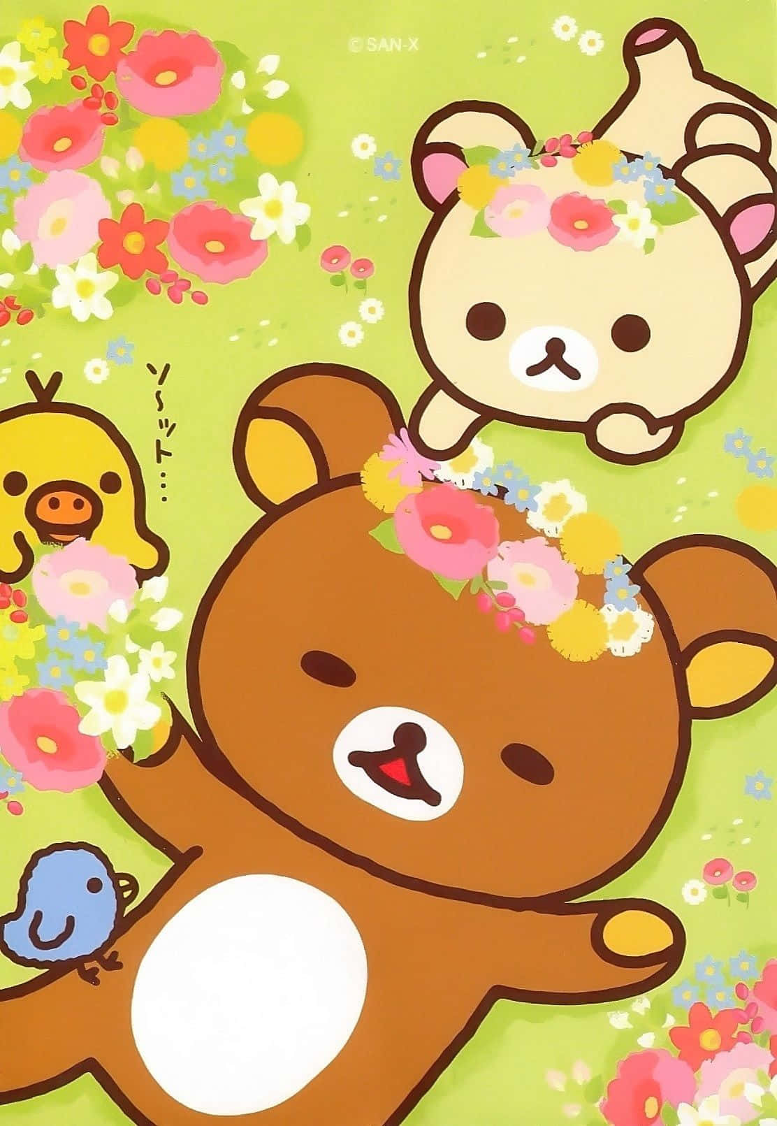 Cute Kawaii Japanese Characters 桌布 壁紙 — 一隻快樂的棕熊和朋友們戴著色彩繽紛的花環，漂浮在充滿活力的花田中。